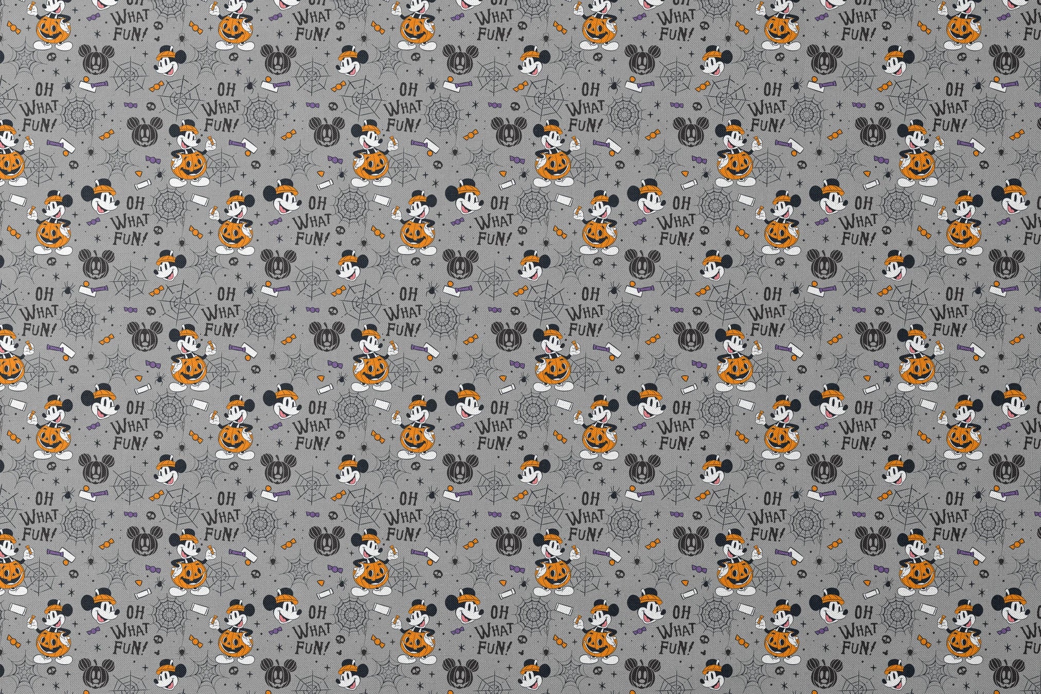 Halloween pattern with Mickey Mouse characters, pumpkins, spider webs, and "Oh What Fun!" text on gray background designs flat mockup