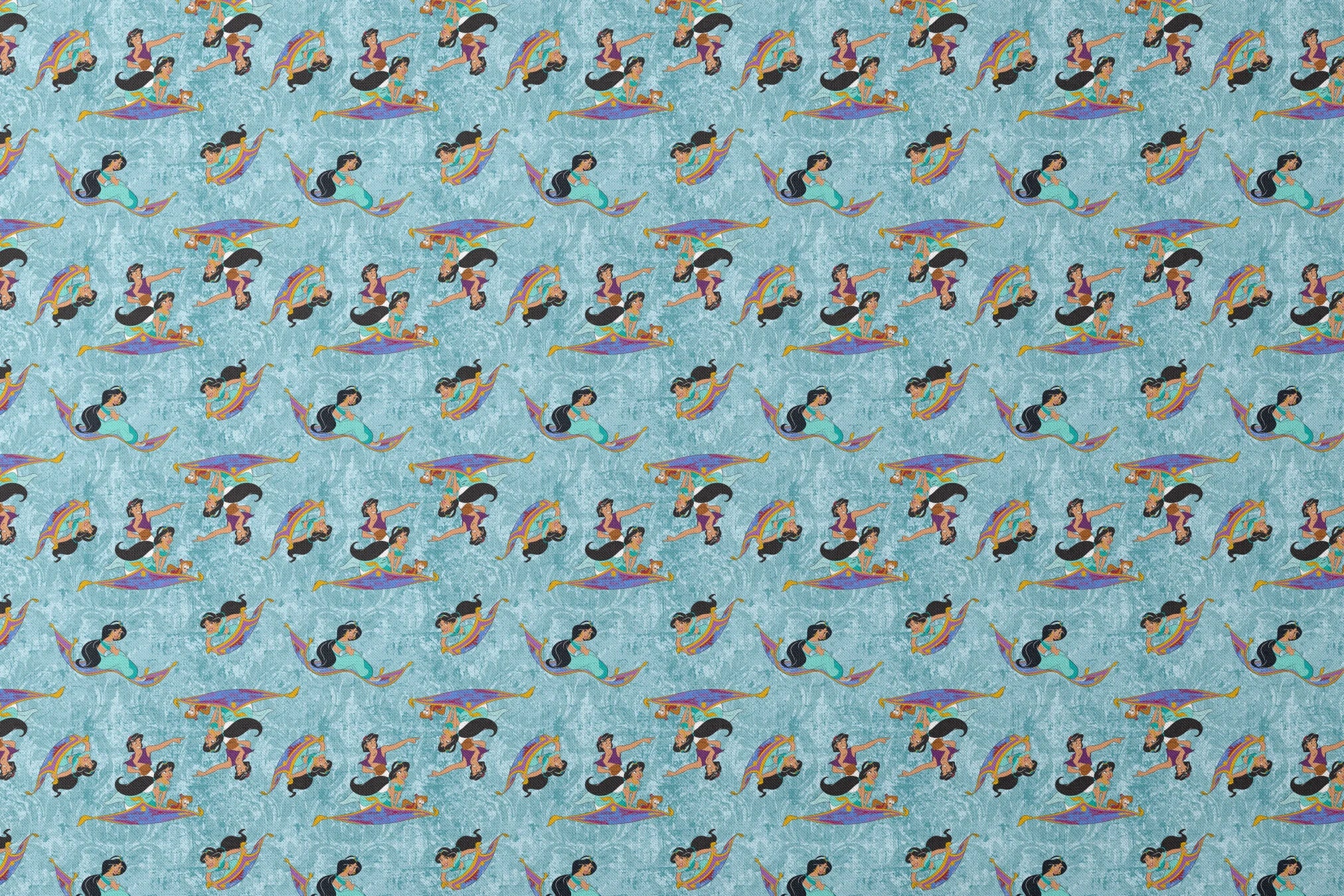 Aladdin and Princess Jasmine riding magic carpets against a light blue marbled background pattern designs flat mockup