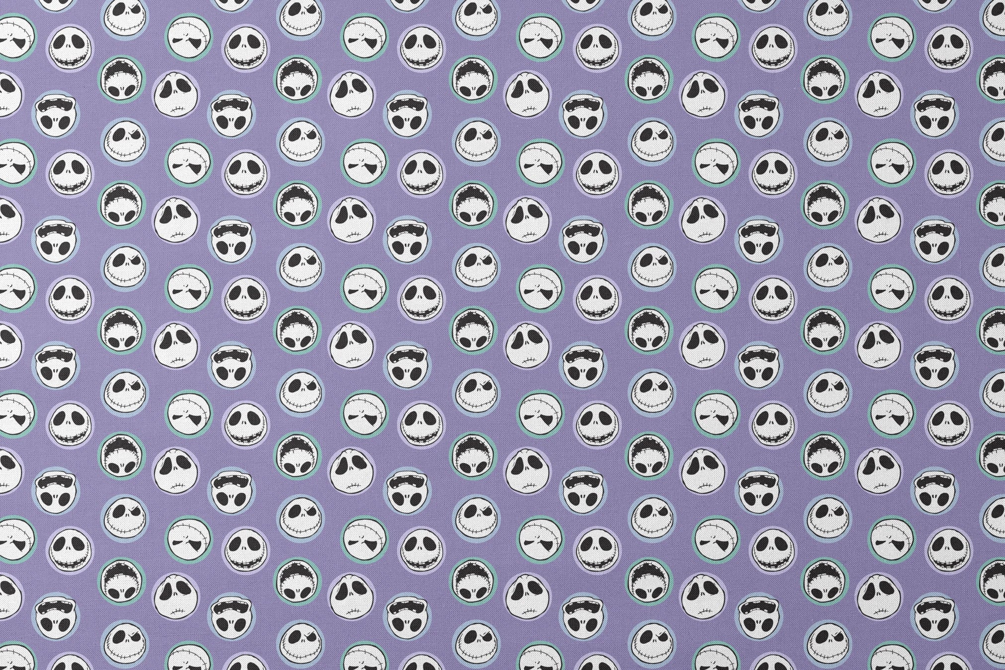 Repeating skull faces with stitched mouths and large eyes on purple background in cartoon style designs flat mockup