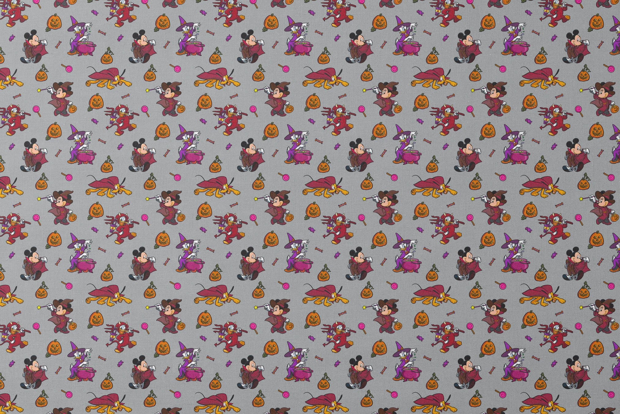 Halloween-themed cartoon pattern with Mickey Mouse characters in costumes, pumpkins, candy, and cauldrons on gray background designs flat mockup