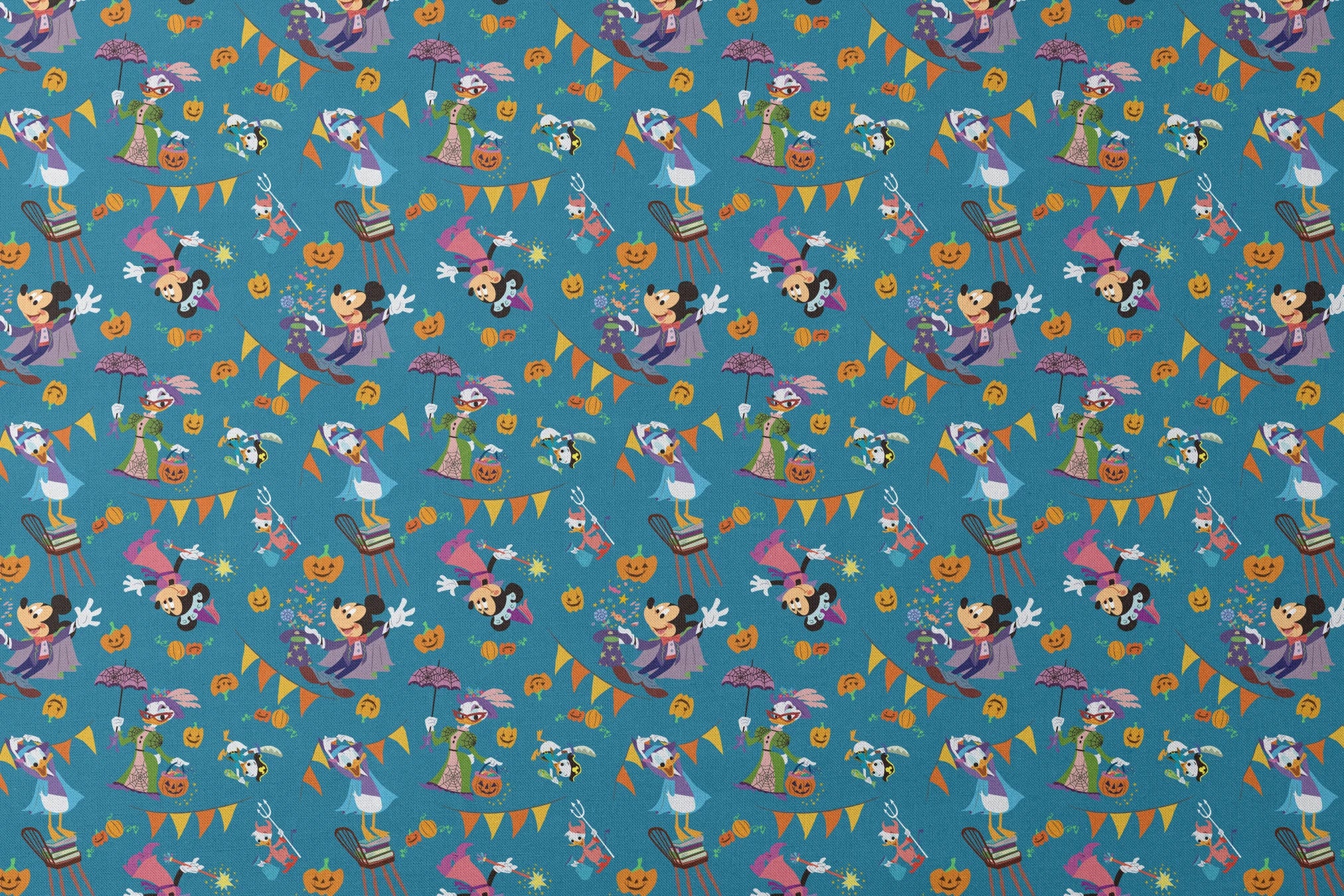 Whimsical Halloween pattern with Disney characters in costumes, pumpkins, and orange bunting on teal background. designs flat mockup