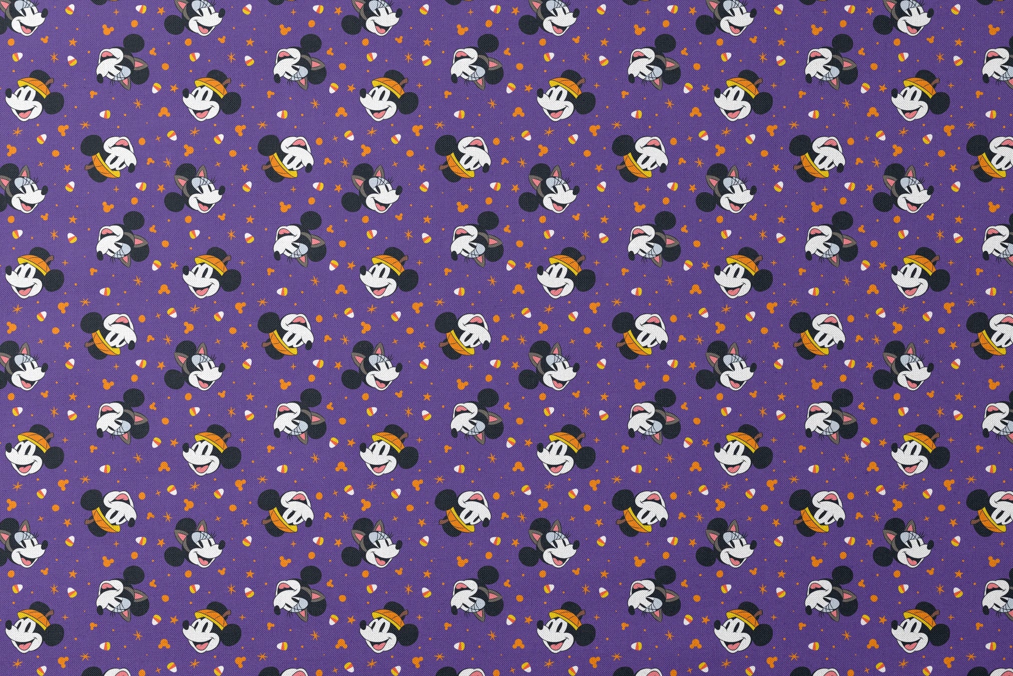 Mickey Mouse Halloween pattern with candy corn and stars on purple background designs flat mockup