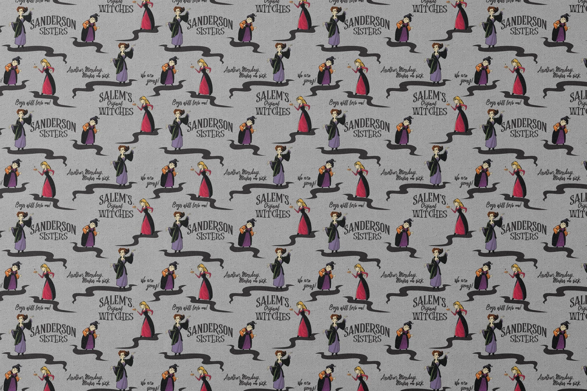 Sanderson Sisters pattern from Hocus Pocus with cartoon witches in purple and red dresses on gray background designs flat mockup