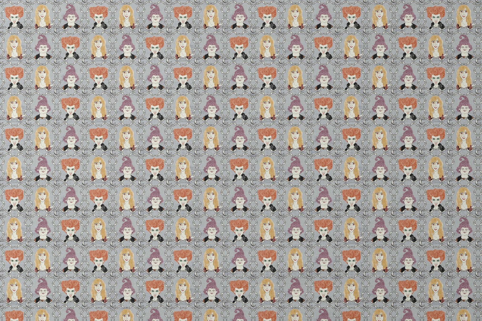 Illustrated portraits of fantasy characters with wild orange, blonde, and purple hair on gray patterned background designs flat mockup