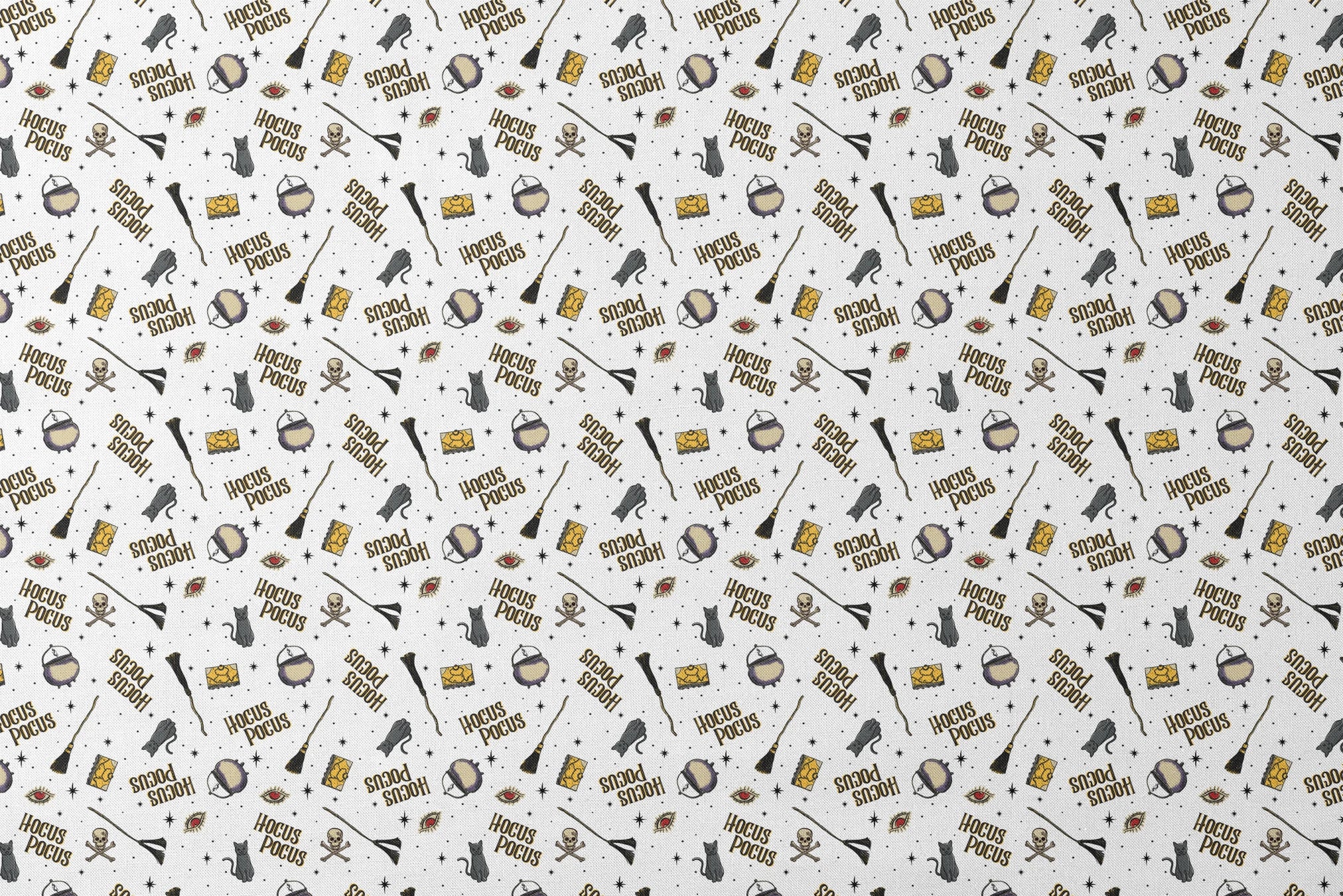 Repeating pattern of witchcraft items with "Hocus Pocus" text, cauldrons, brooms, and mystical symbols on white background designs flat mockup