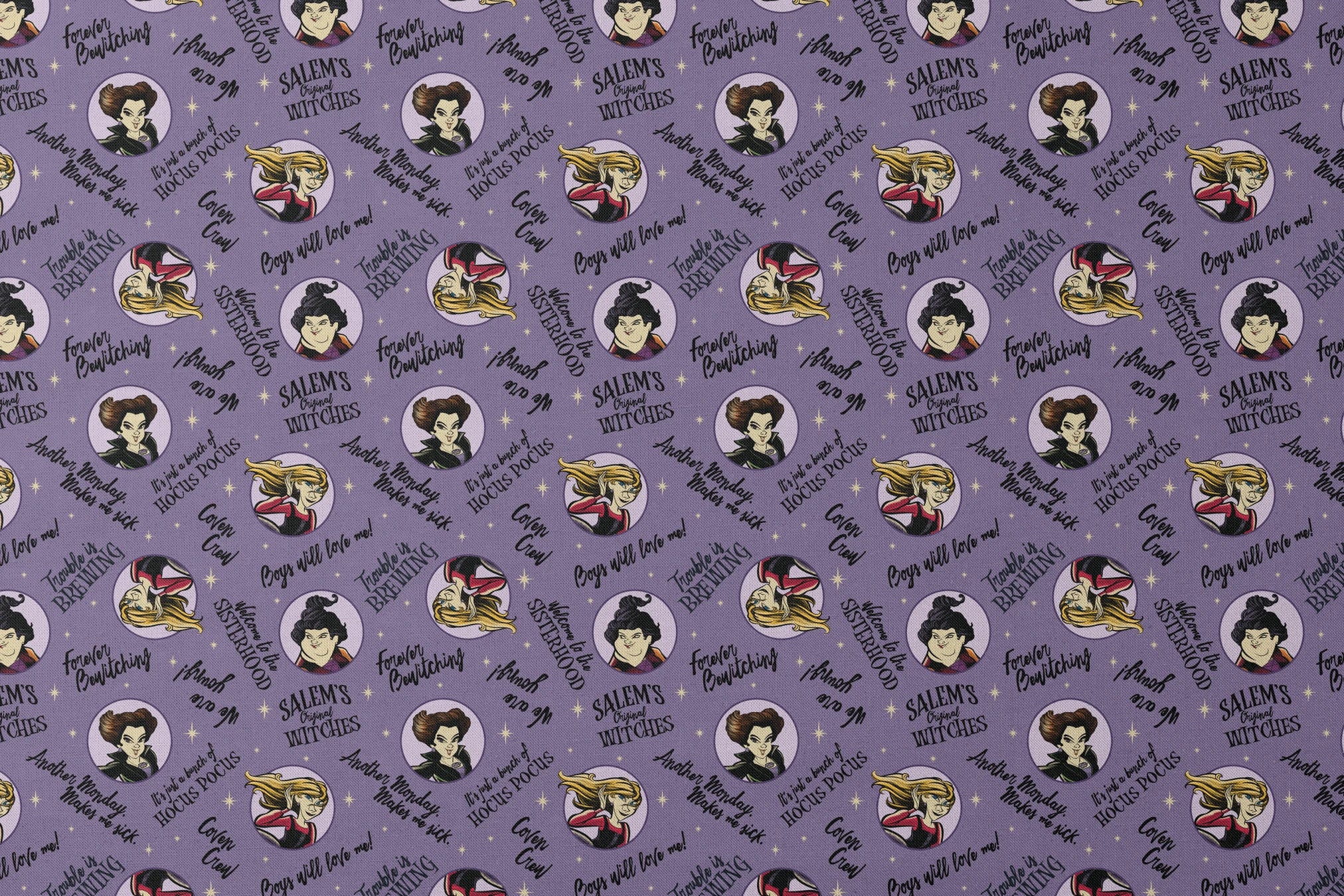 Purple background pattern with cartoon witches in circles, magical phrases and stars scattered throughout in black text designs flat mockup