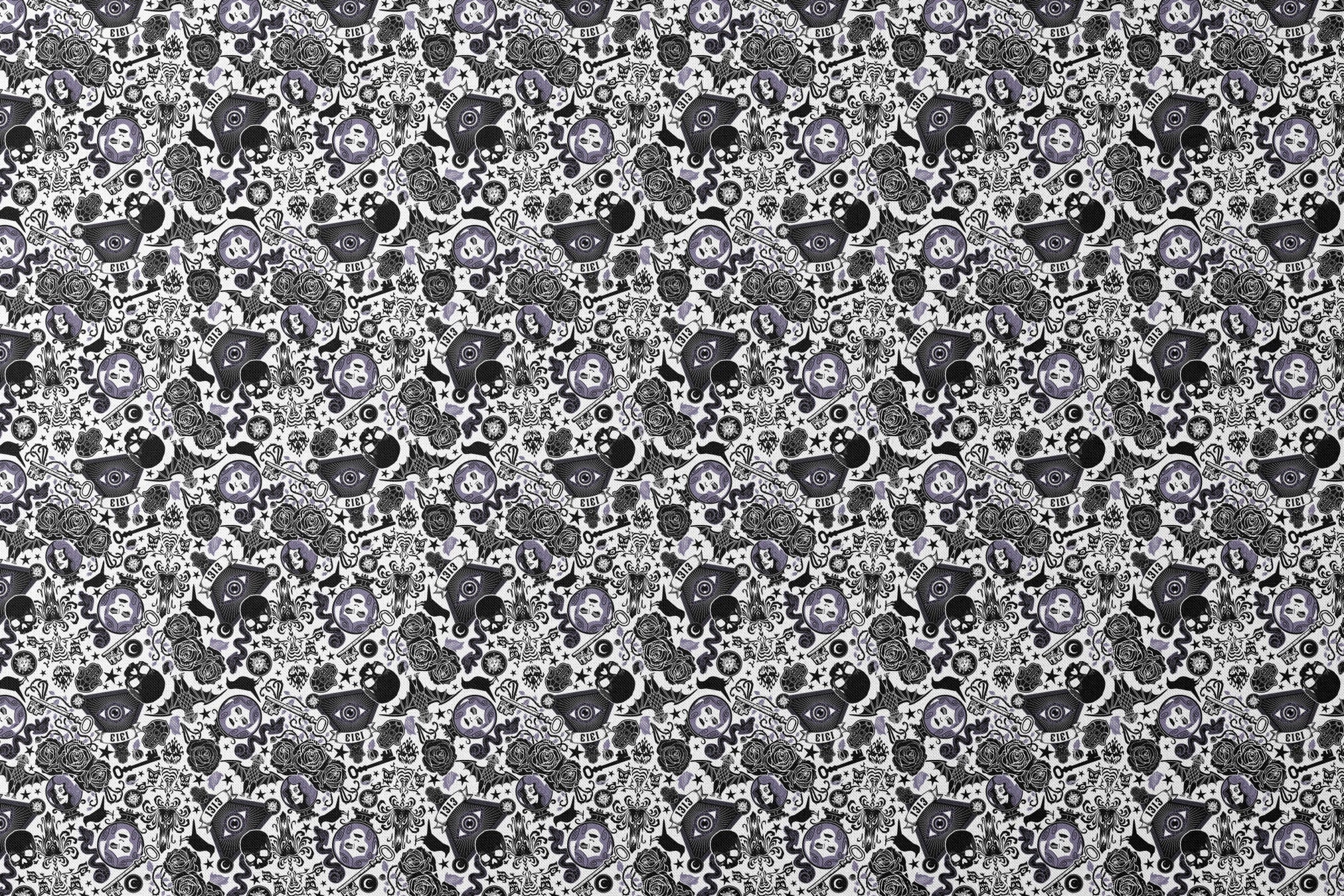 Gothic-inspired pattern with roses, medallions, ravens, and Victorian motifs in black and purple designs flat mockup