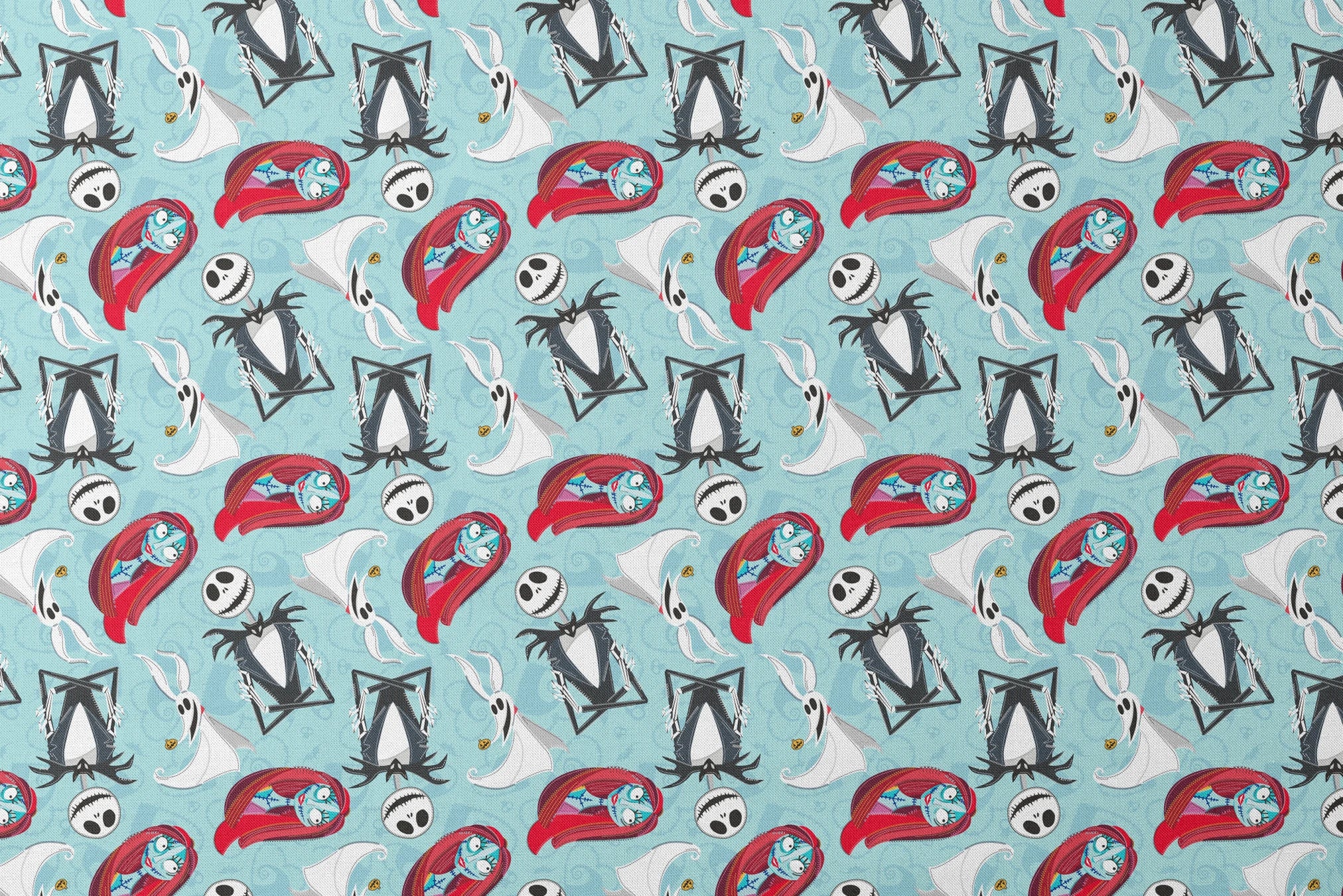 Nightmare Before Christmas pattern with Jack Skellington, Zero ghost dog, and coffin shapes on light blue background designs flat mockup