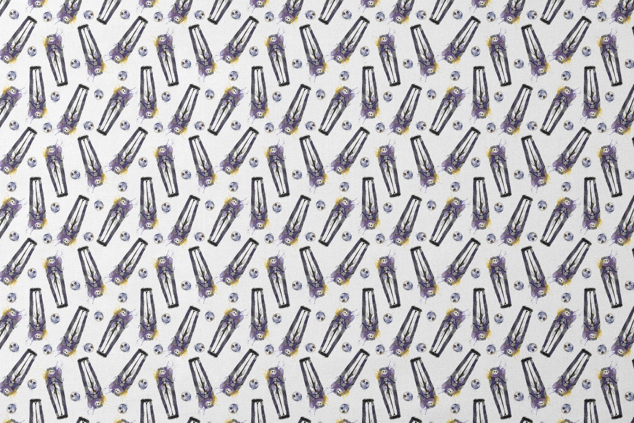 Repeating pattern of stylized gothic figures in black and purple with skull-like faces on white background designs flat mockup