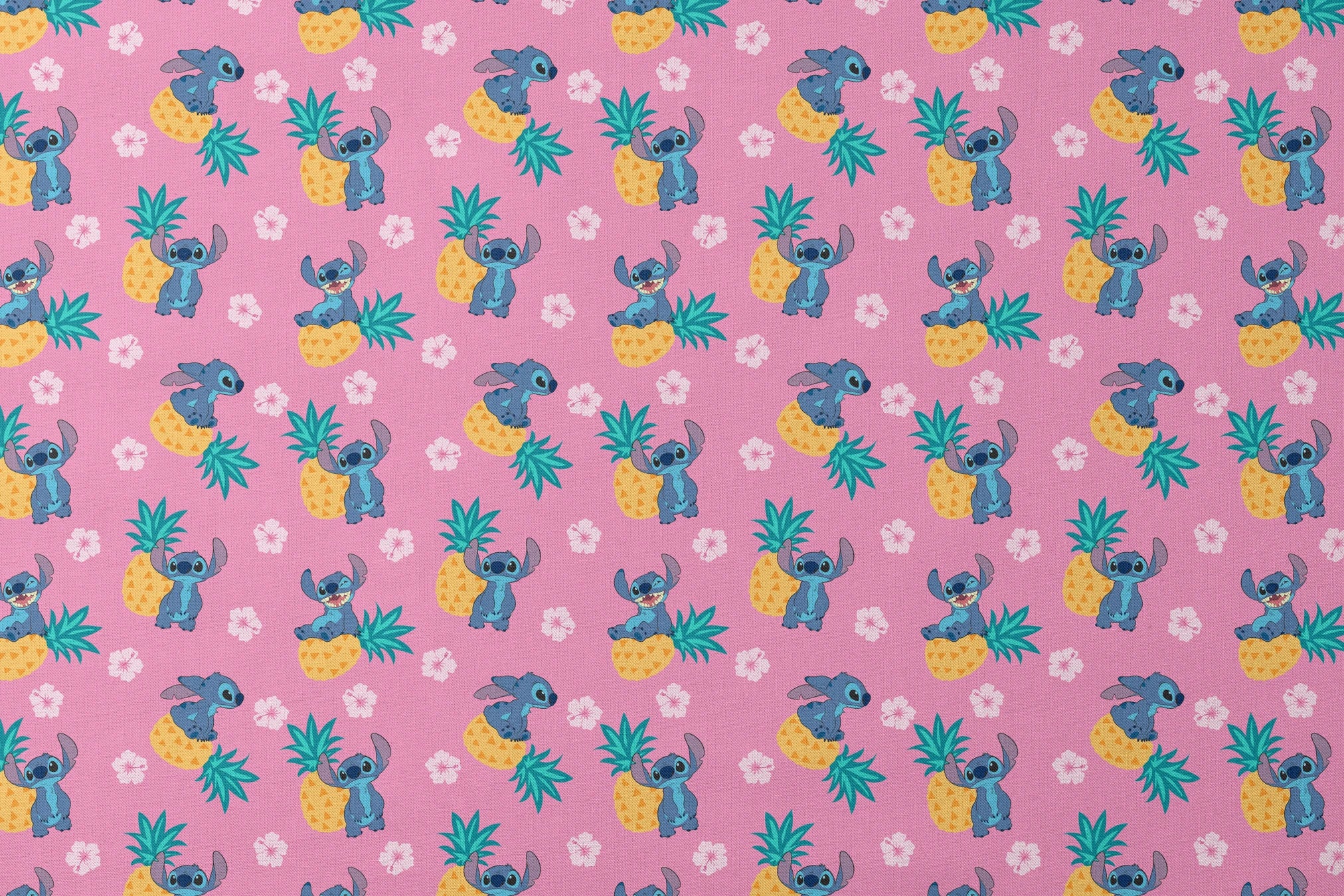 Stitch characters with pineapples and white hibiscus flowers on pink background pattern designs flat mockup