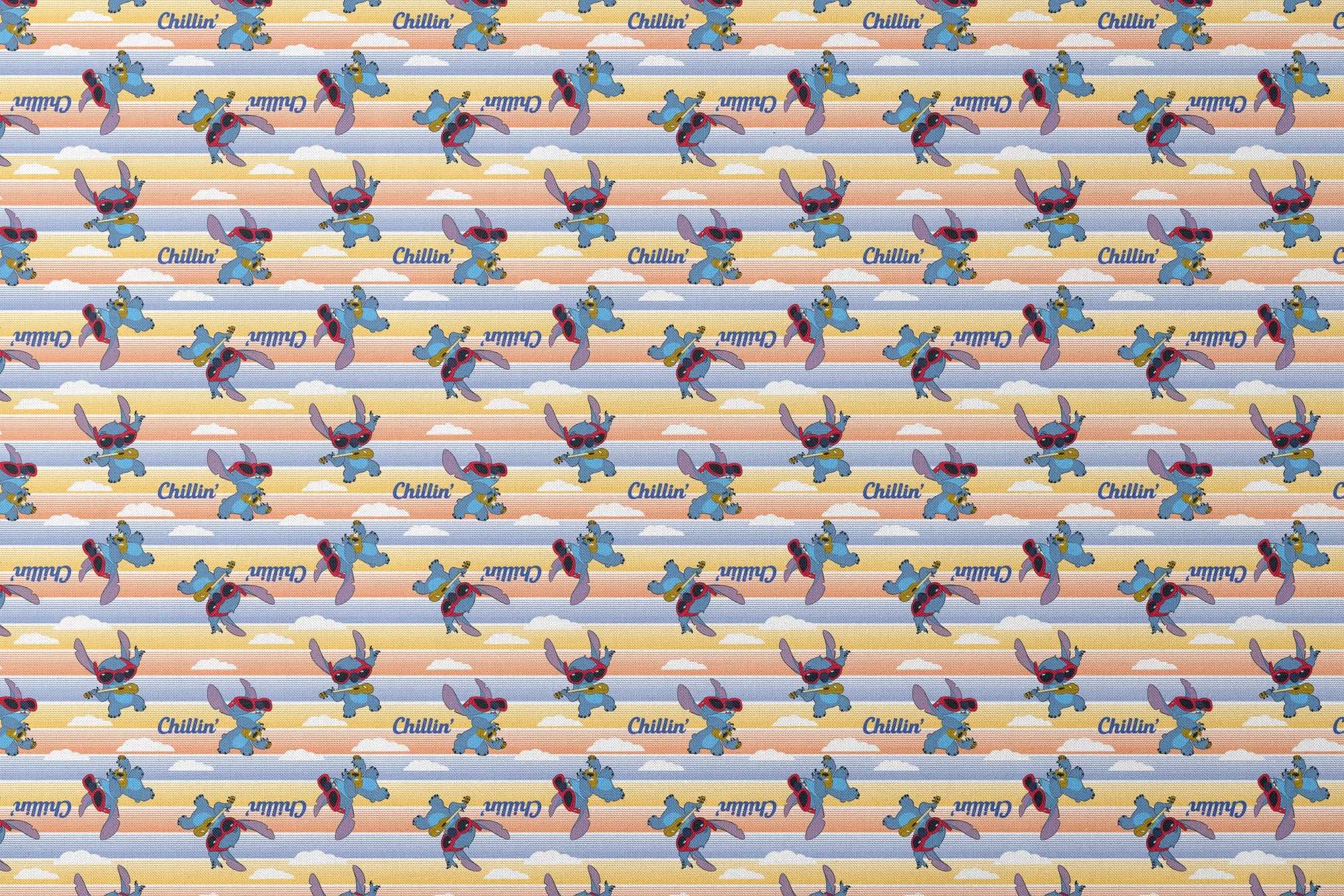 Stitch cartoon character pattern on striped yellow and blue background with "Chillin'" text designs flat mockup