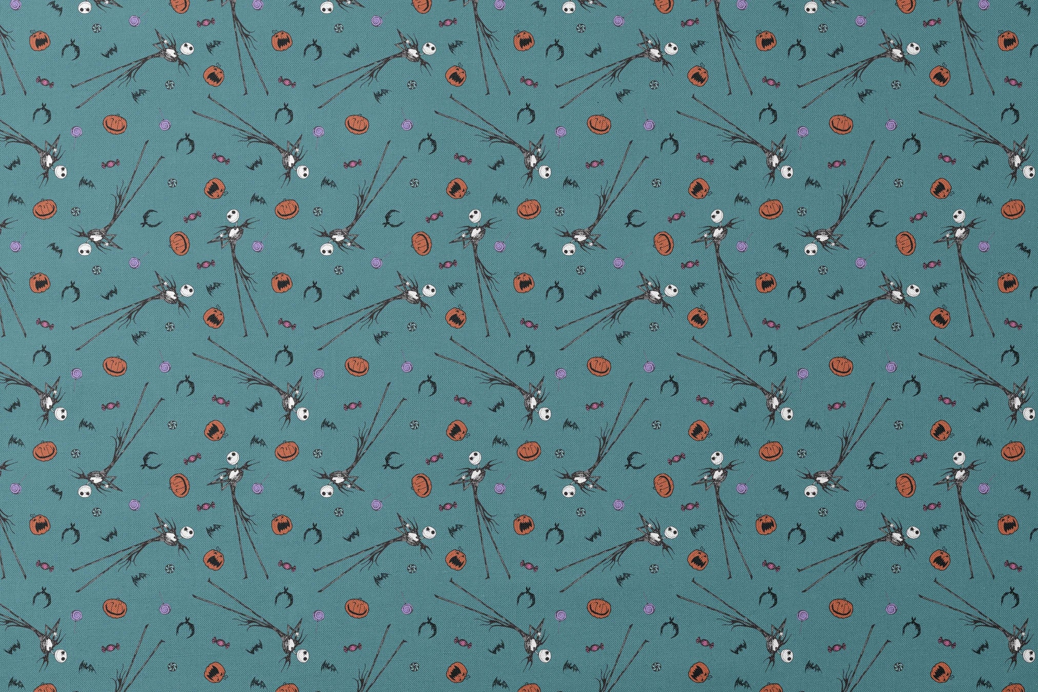 Halloween pattern with witch brooms, pumpkins, bats, candy, and creepy eyes on teal background designs flat mockup