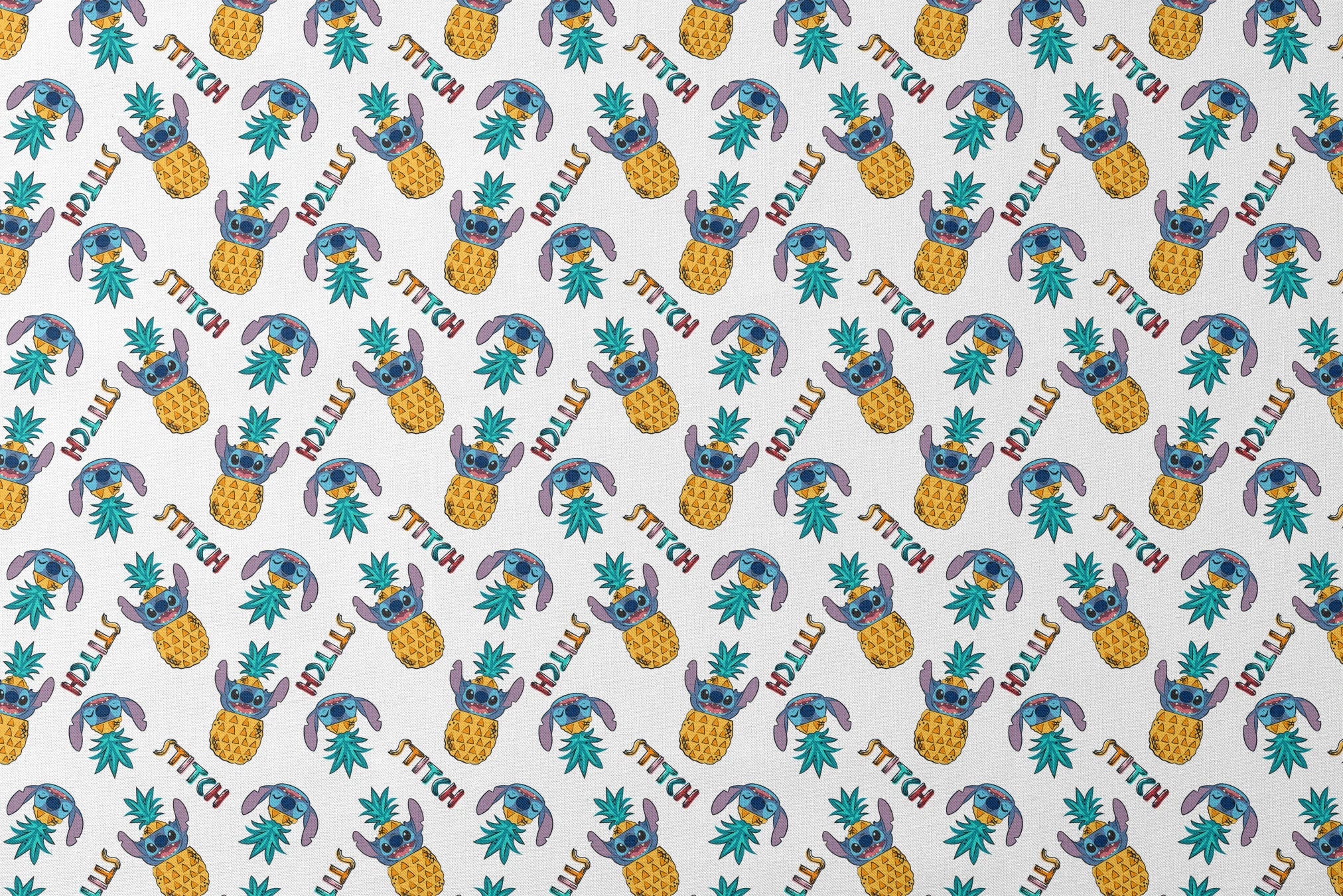 Colorful pattern of cartoon blue creatures with long ears inside pineapples, with "Stitch" text designs flat mockup