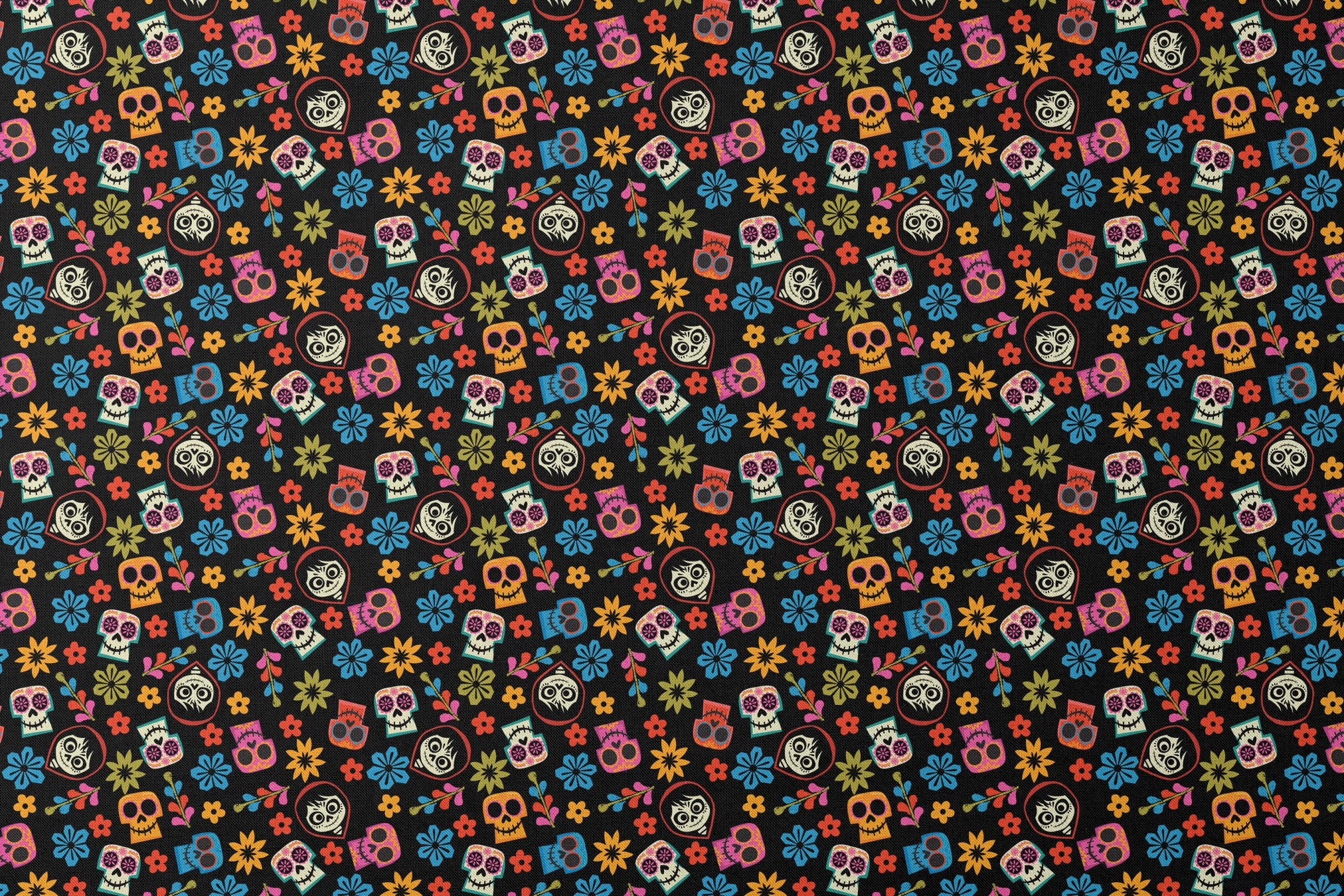 Colorful Coco sugar skull pattern with floral designs on black background for Day of the Dead designs flat mockup