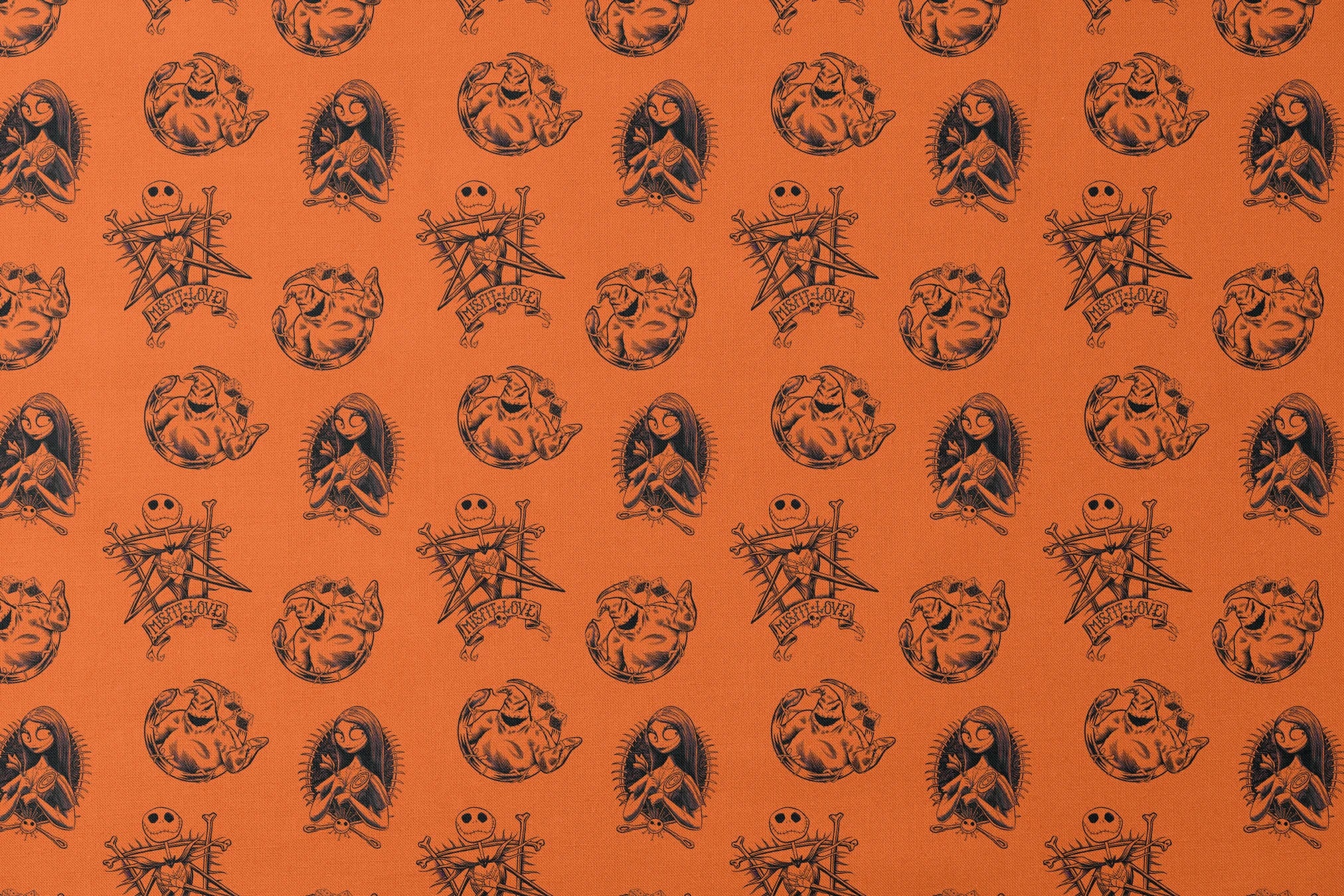 Halloween-themed pattern with spooky characters including Jack Skellington on bright orange background designs flat mockup
