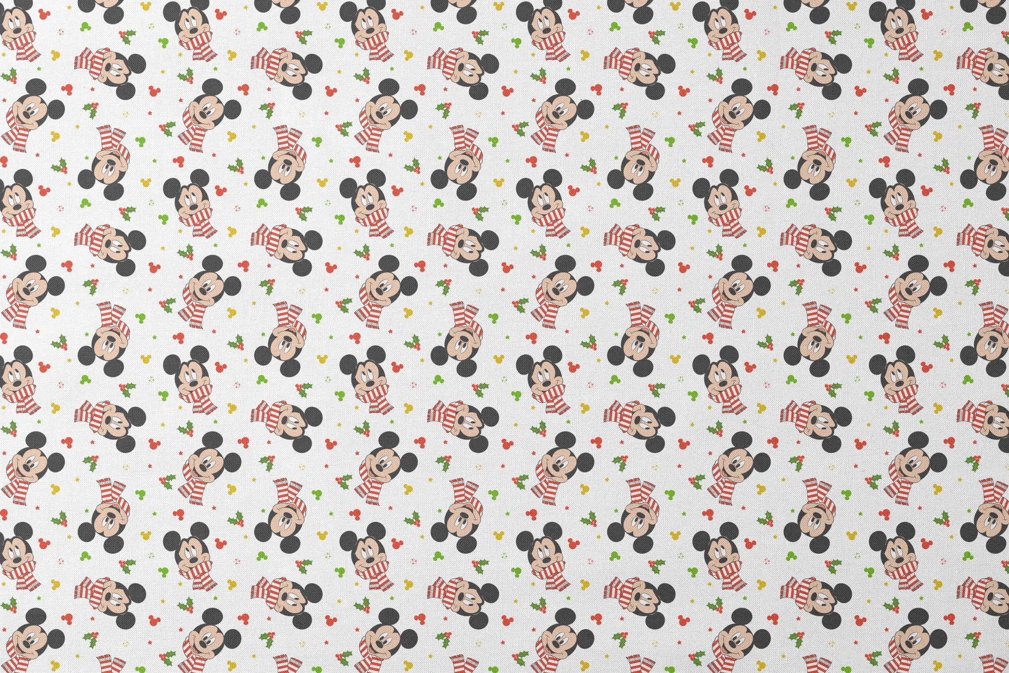 Mickey Mouse wearing red striped scarves, surrounded by holly and colorful icons on white background designs flat mockup