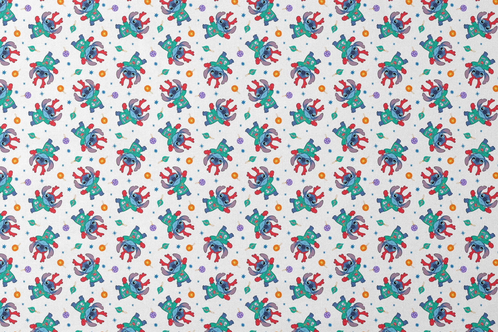 Disney's Stitch wearing green Christmas sweater and red scarf in repeating pattern with ornaments and stars. designs flat mockup