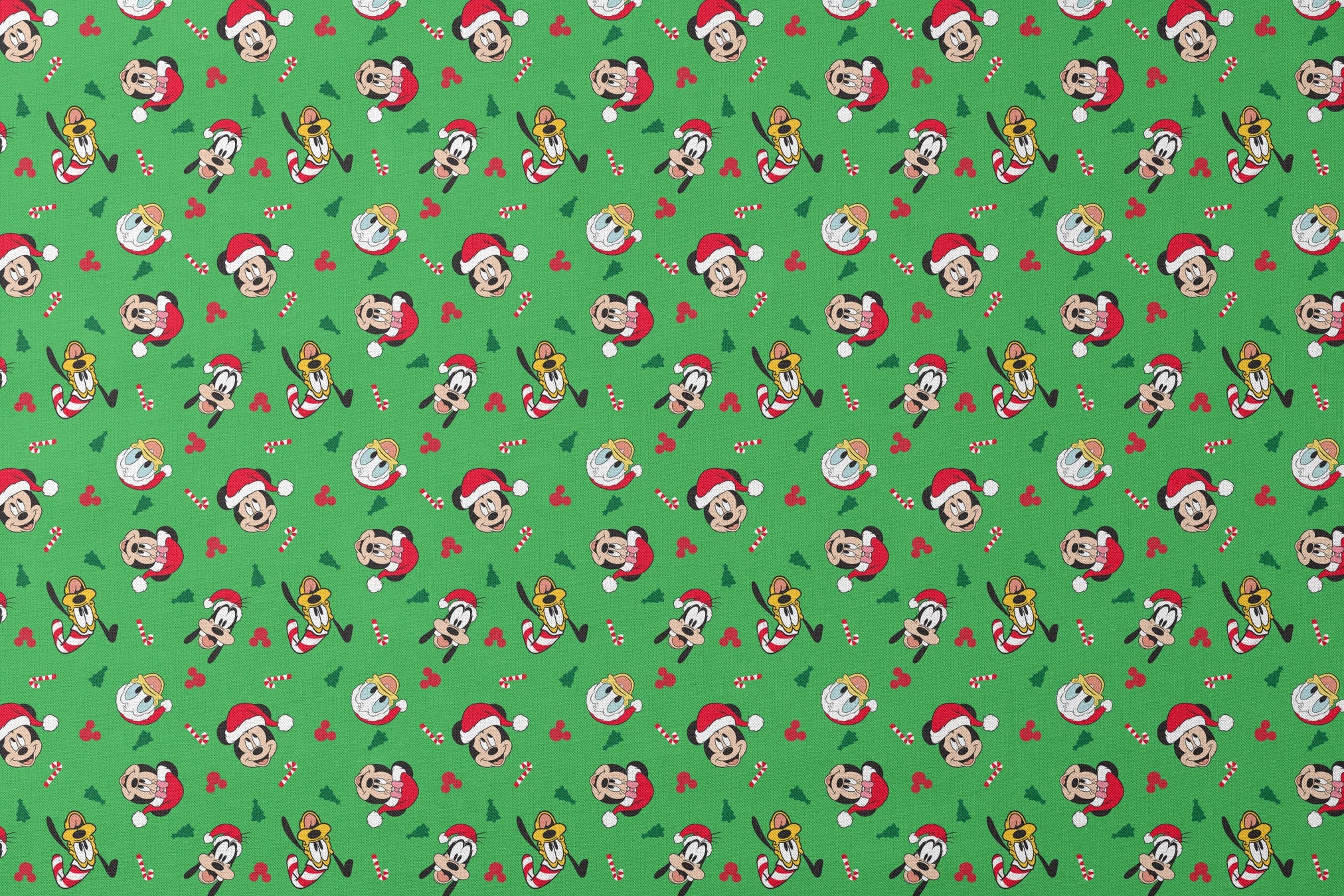 Disney Mickey Mouse characters in Santa hats on green background with candy canes and Christmas trees designs flat mockup