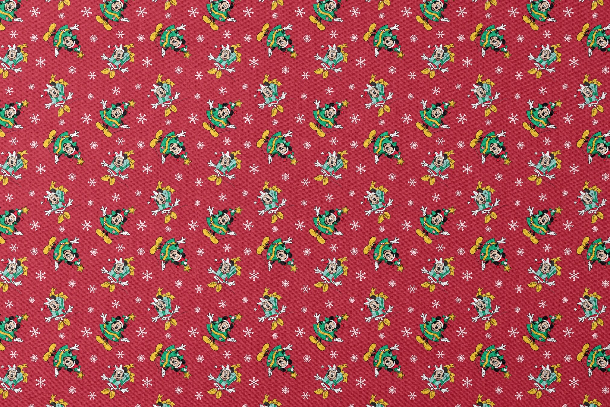 Disney characters in holiday outfits on red background with white snowflakes designs flat mockup