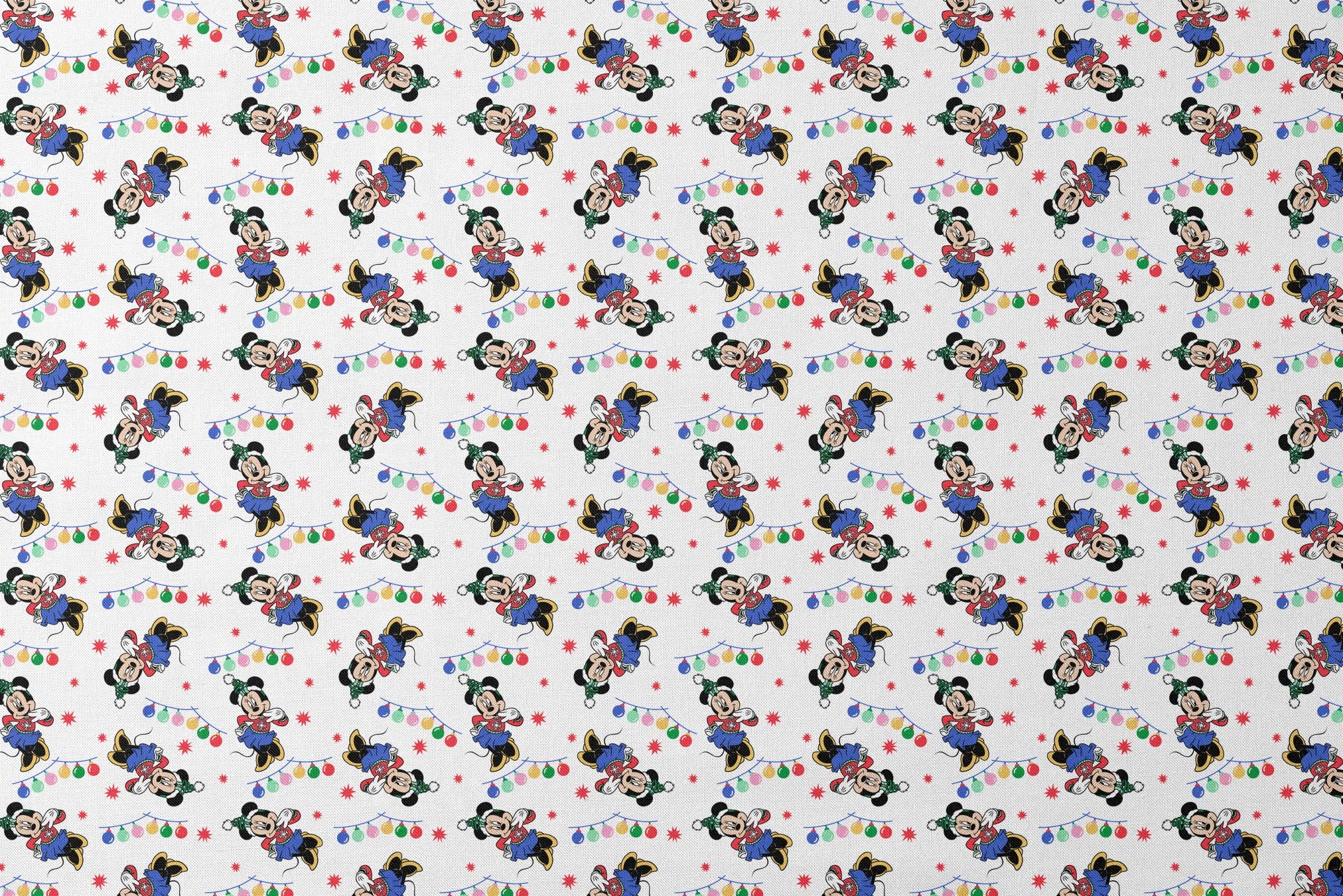 Minnie Mouse in Santa hats with blue outfits surrounded by colorful string lights and red stars on white background designs flat mockup
