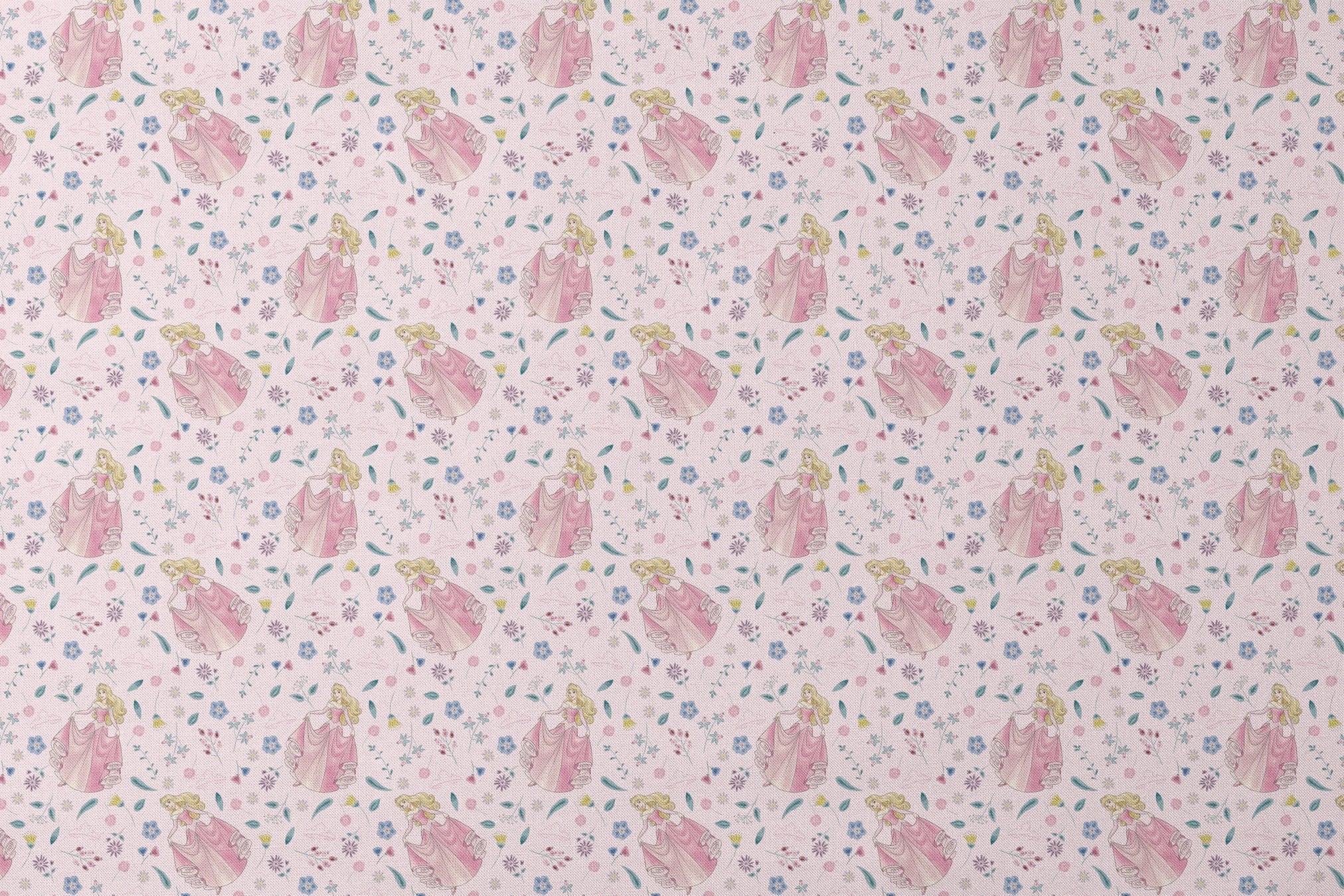 Disney's Sleeping Beauty surrounded by scattered flowers and leaves on light pink background designs flat mockup