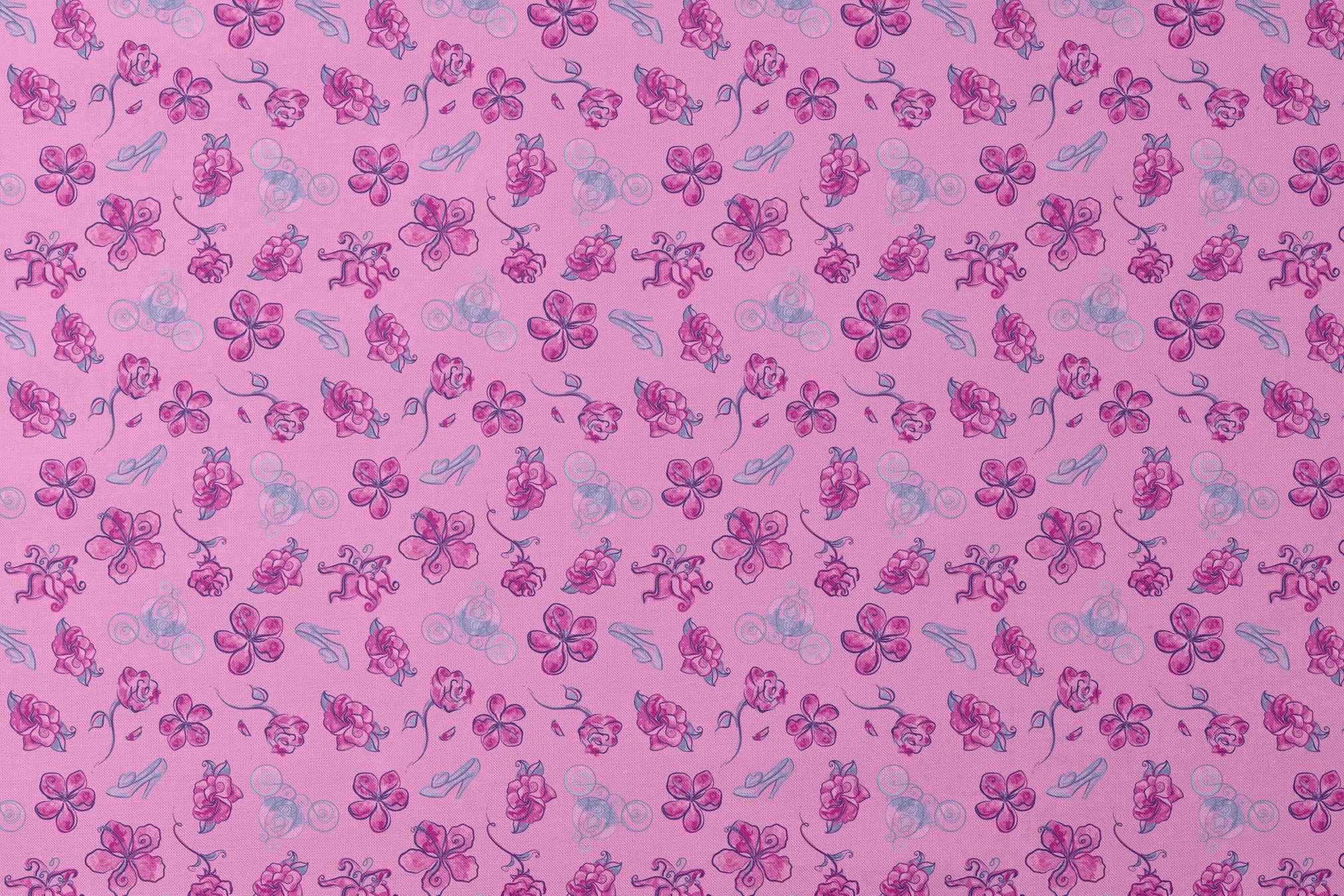 Whimsical Cinderella pattern of purple flowers, roses, and glass slipper outlines on pink background designs flat mockup