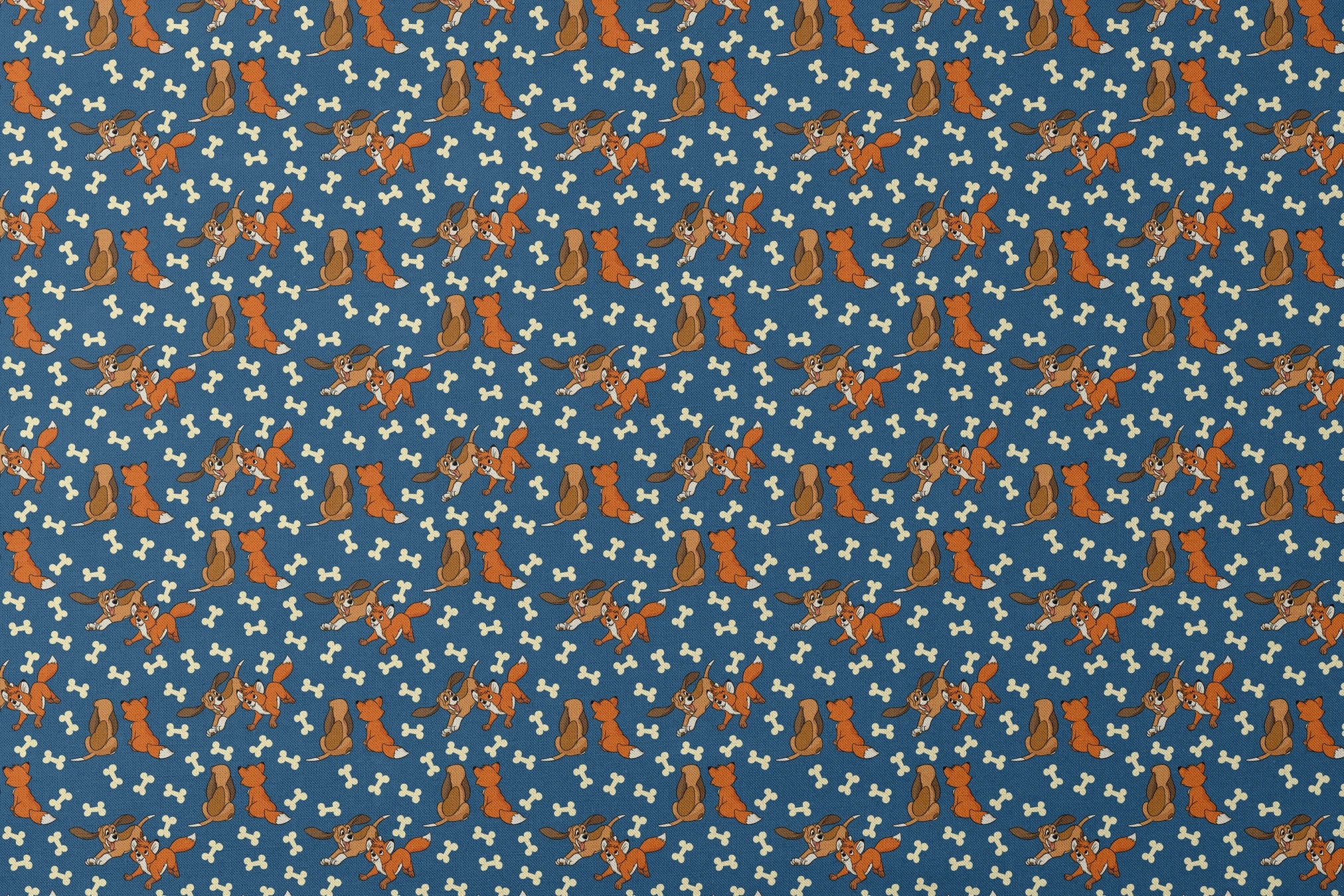 Fox and the Hound characters playing against blue background with scattered bone pattern designs flat mockup