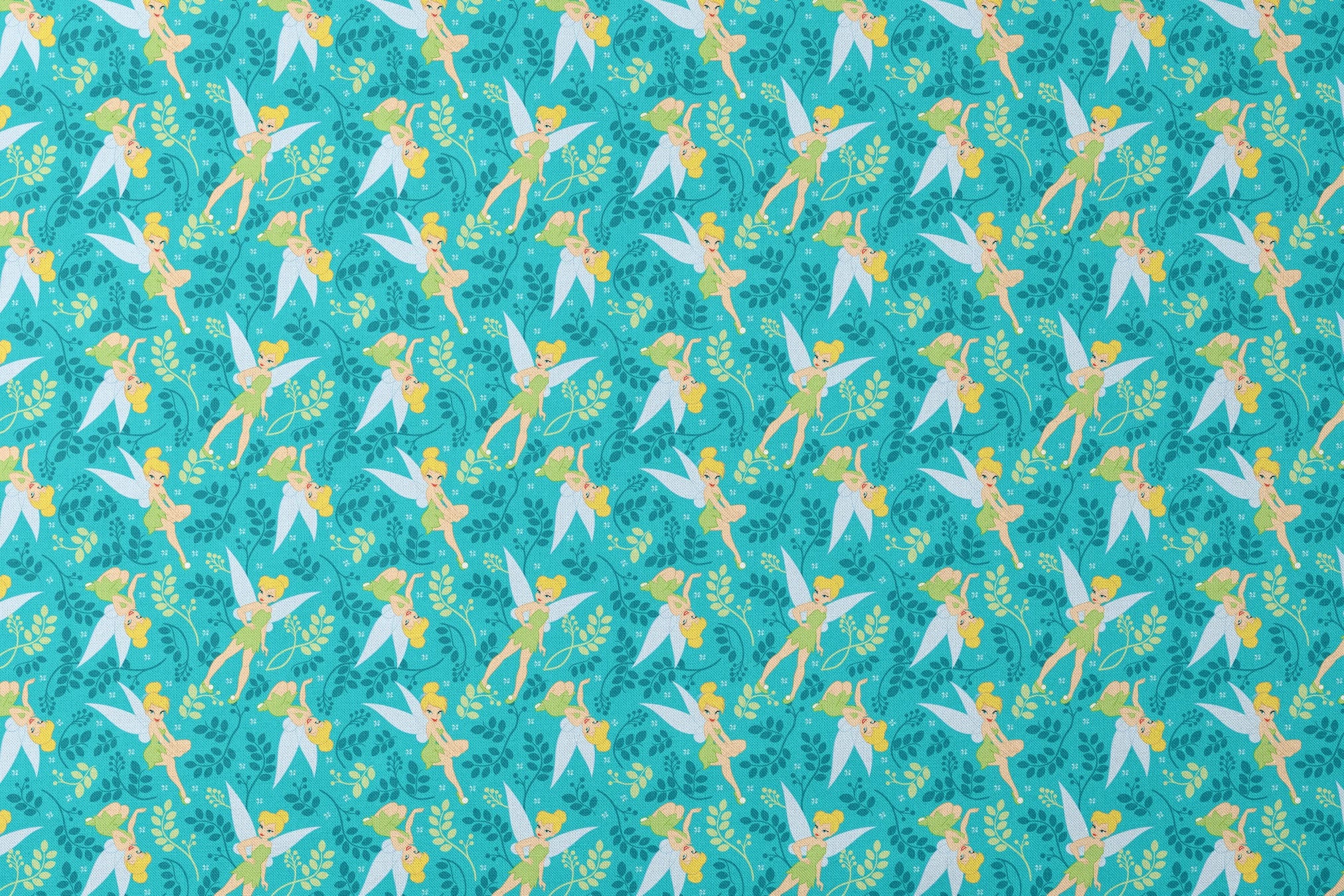 A whimsical pattern featuring Tinker Bell against a teal background with decorative green foliage and yellow accents. designs flat mockup