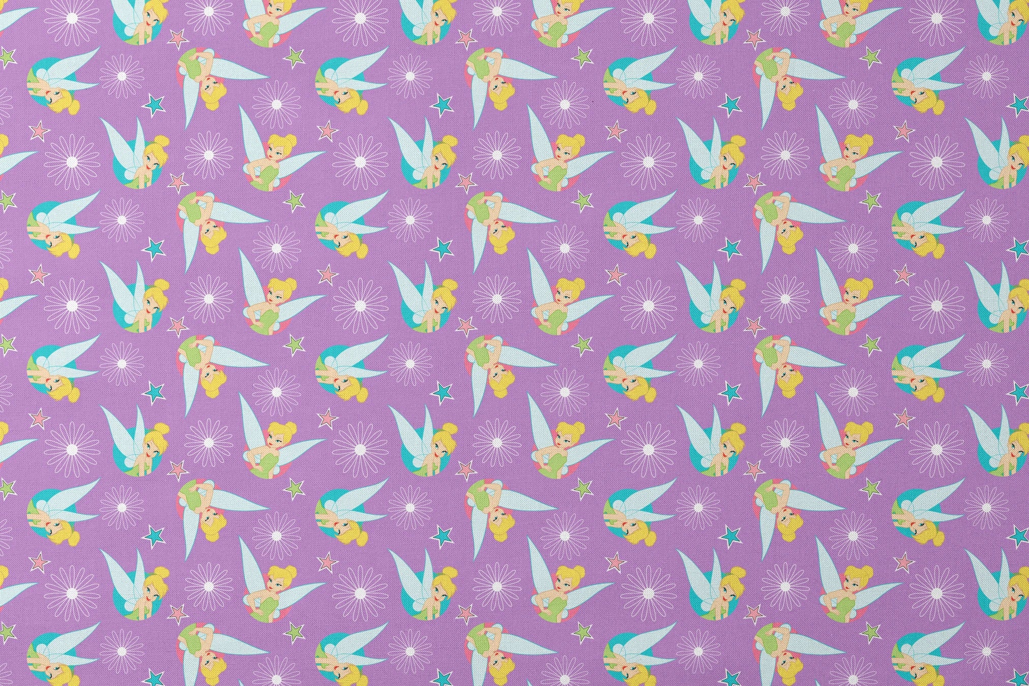 Tinker Bell on a purple background with white daisy flowers and colorful stars. designs flat mockup