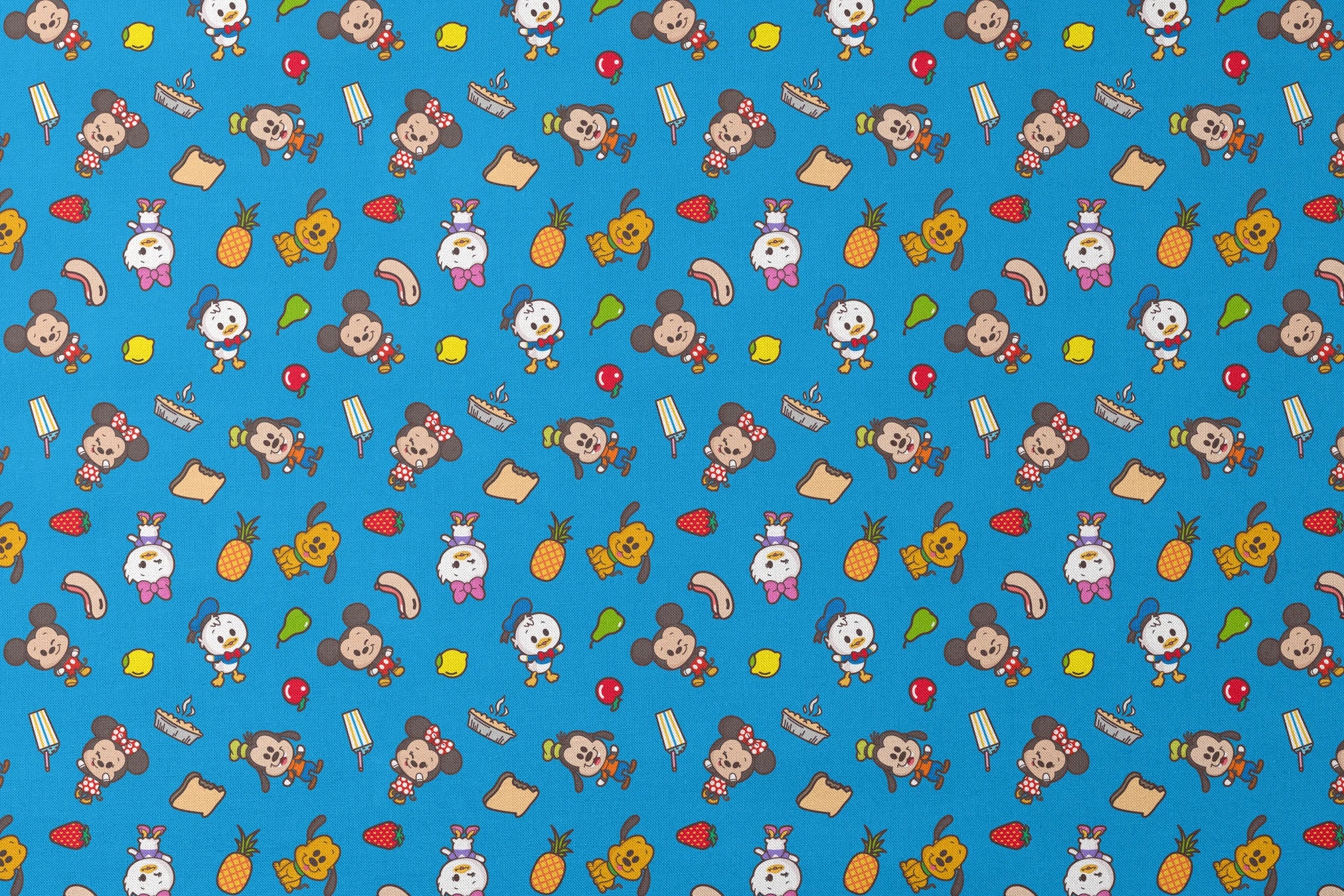 Mickey, friends, and food items pattern on blue background, featuring Mickey, Minnie, Donald, and fruit icons designs flat mockup