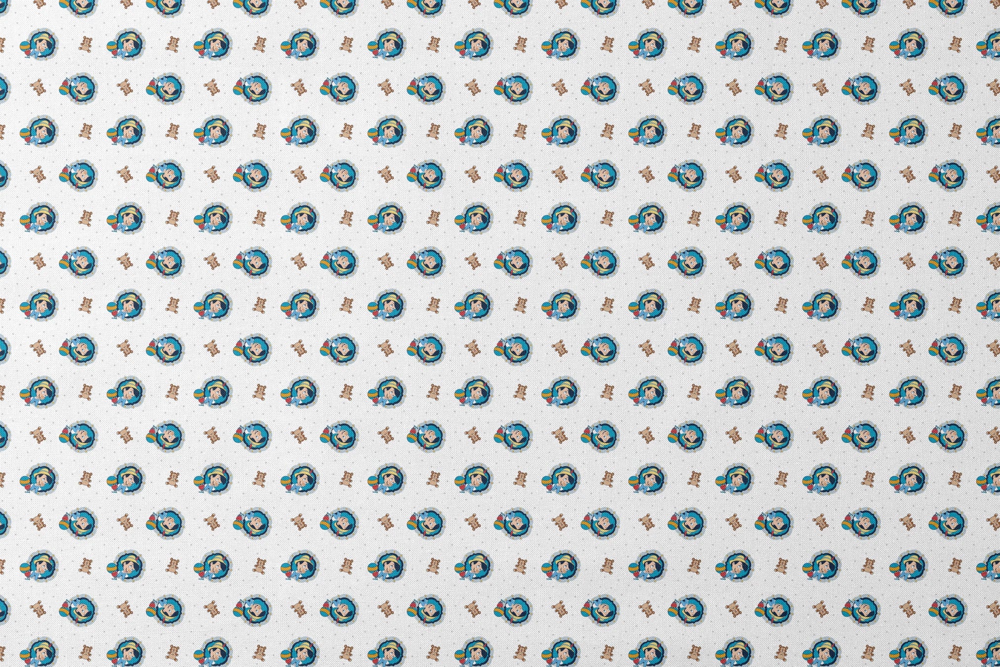 Repeating pattern of cartoon character in blue circle with teddy bears and colorful balls on light dotted background designs flat mockup
