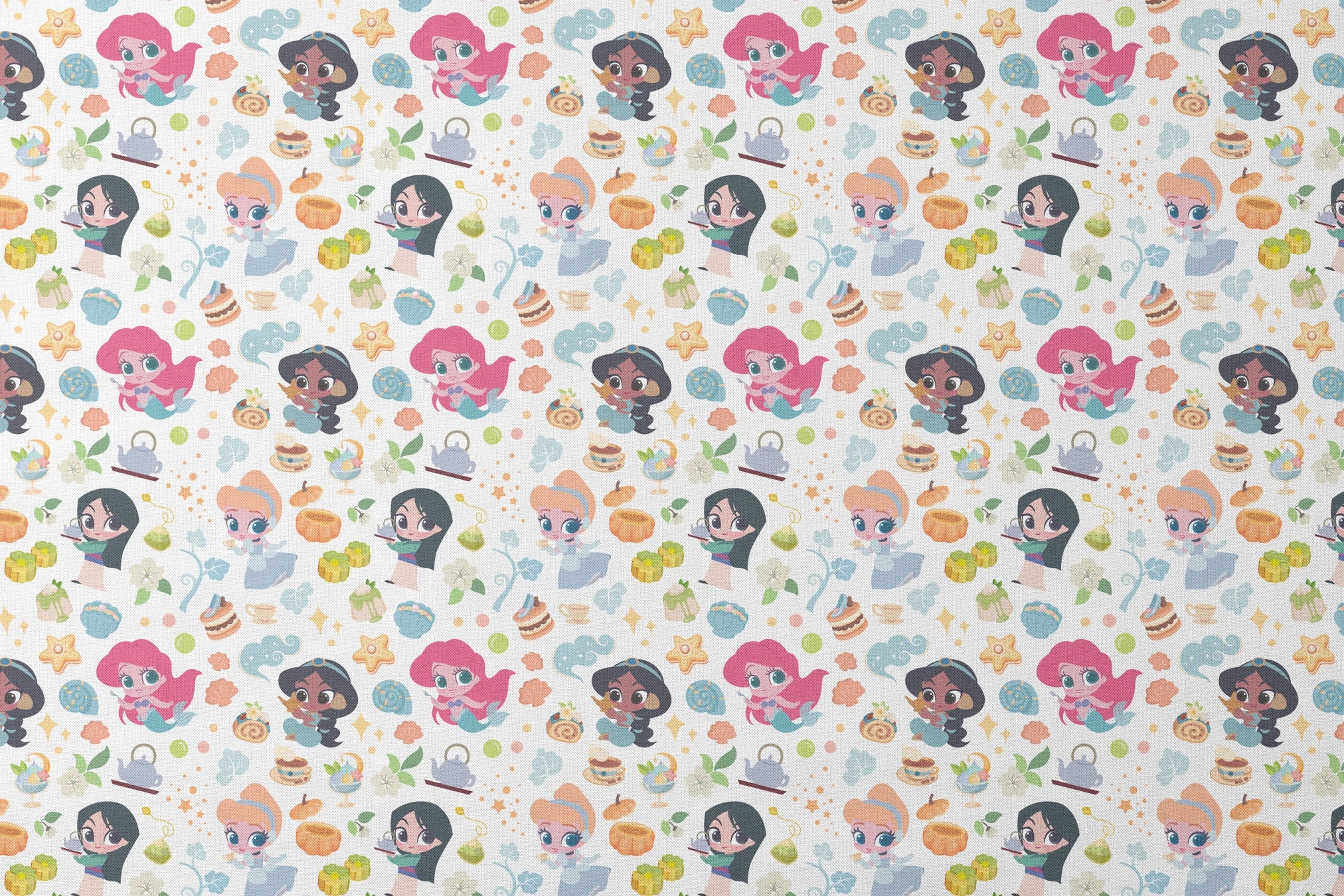 Disney Princess pattern with iconic characters, teapots, shells, sweets and gift boxes on white background designs flat mockup