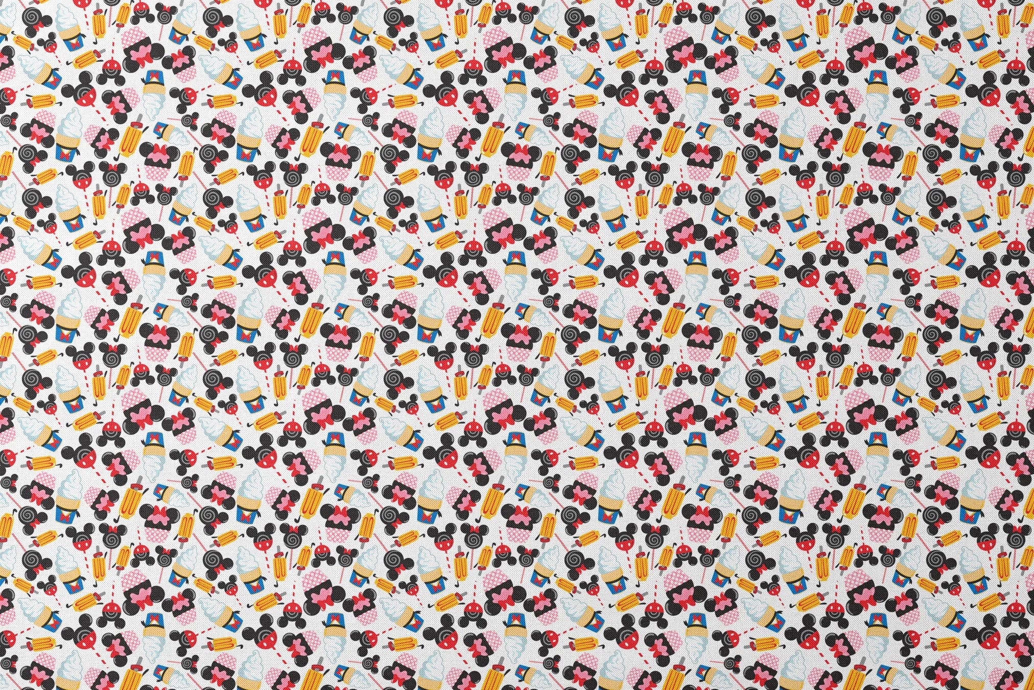 Disney-inspired pattern with ice cream cones and colorful swirled decorative elements on white background designs flat mockup