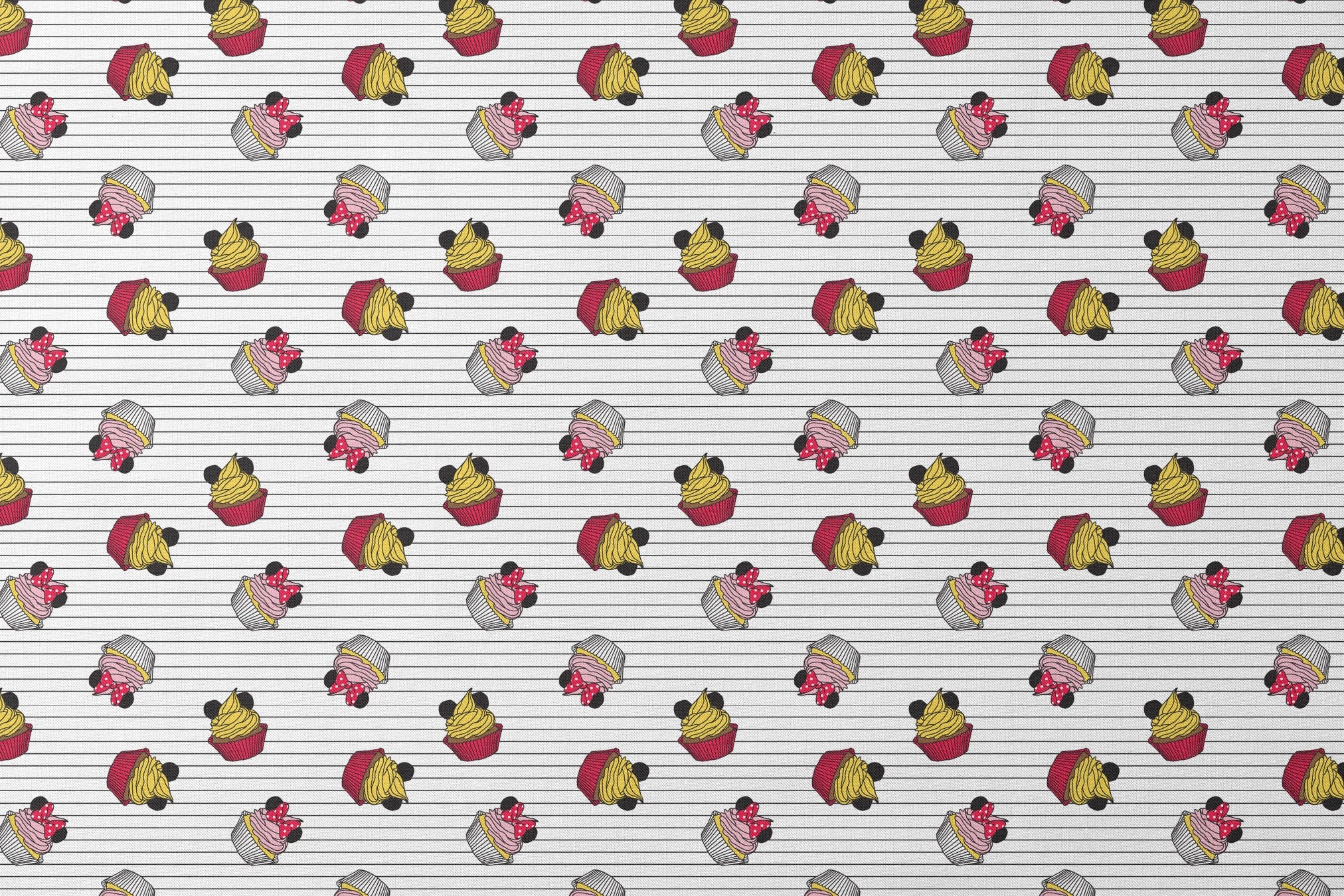 Colorful cartoon cupcakes with Mickey Mouse ears and bows scattered on striped background designs flat mockup