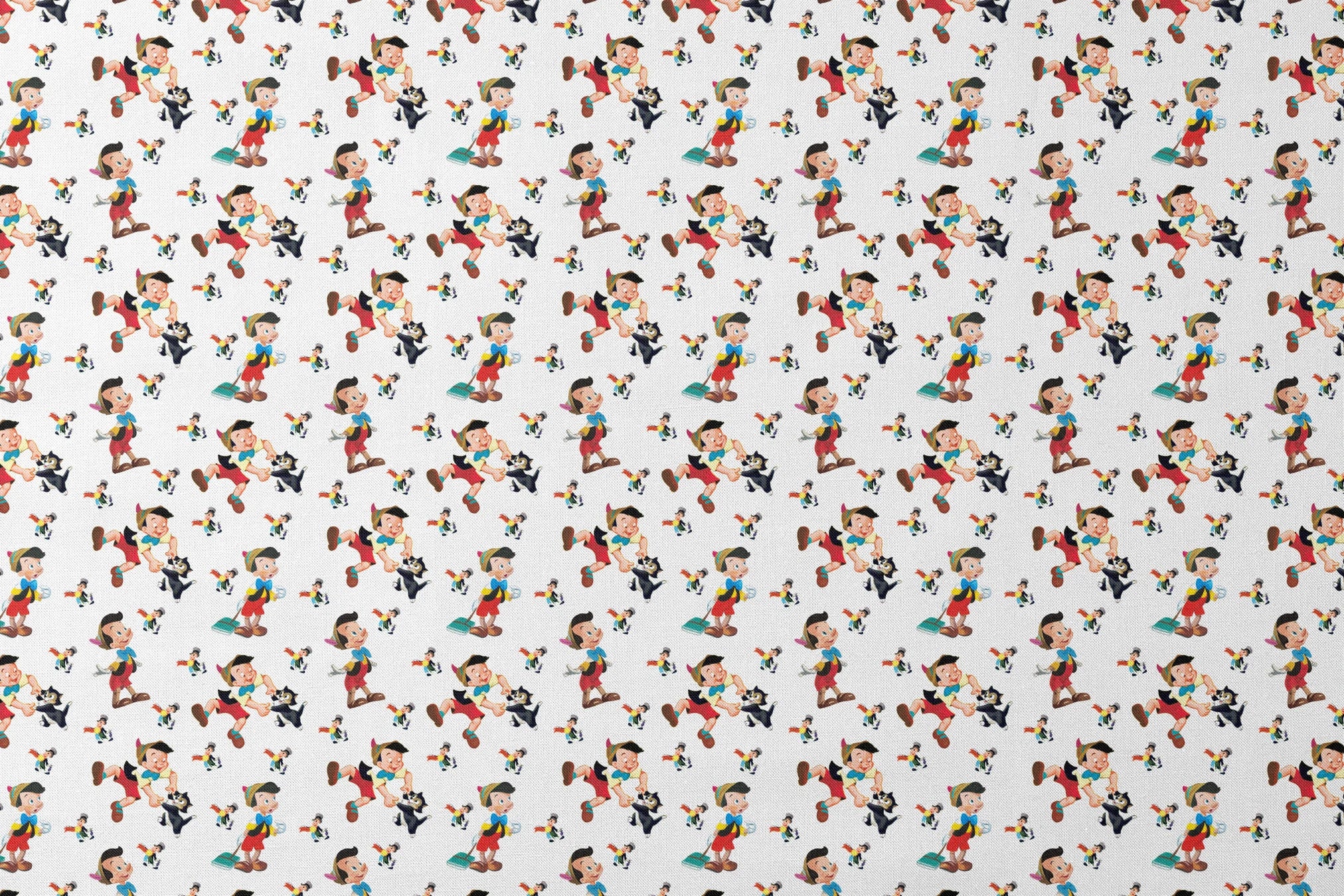 Pattern of cartoon wooden puppet characters with long noses, red shorts, blue bow ties, and black cats scattered on white background designs flat mockup