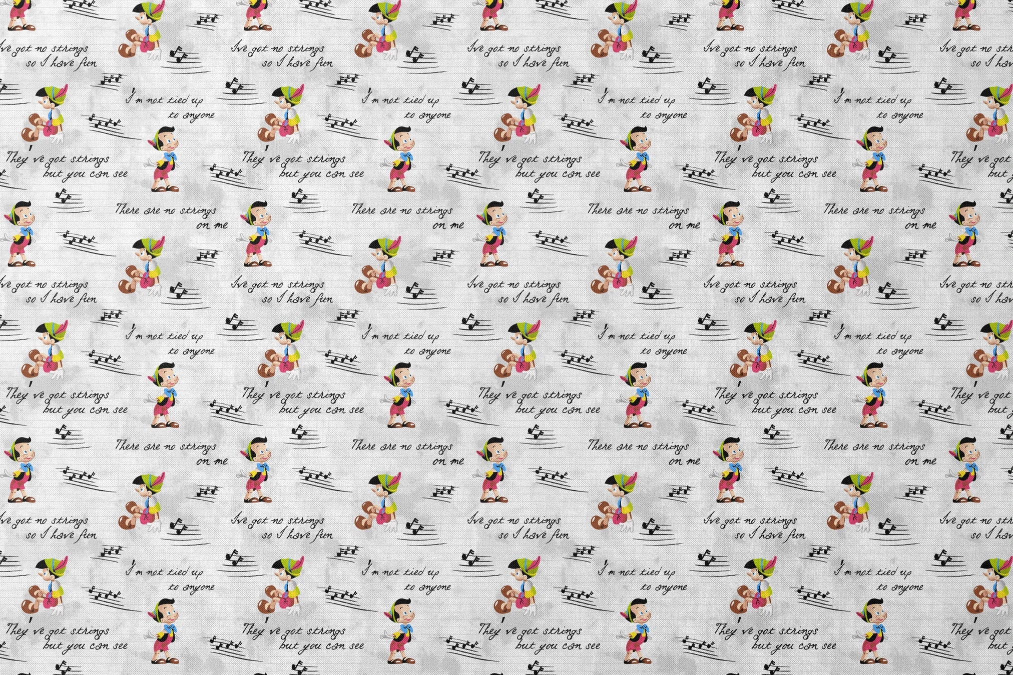 Cartoon characters on a light gray background with musical notes and phrases about strings designs flat mockup