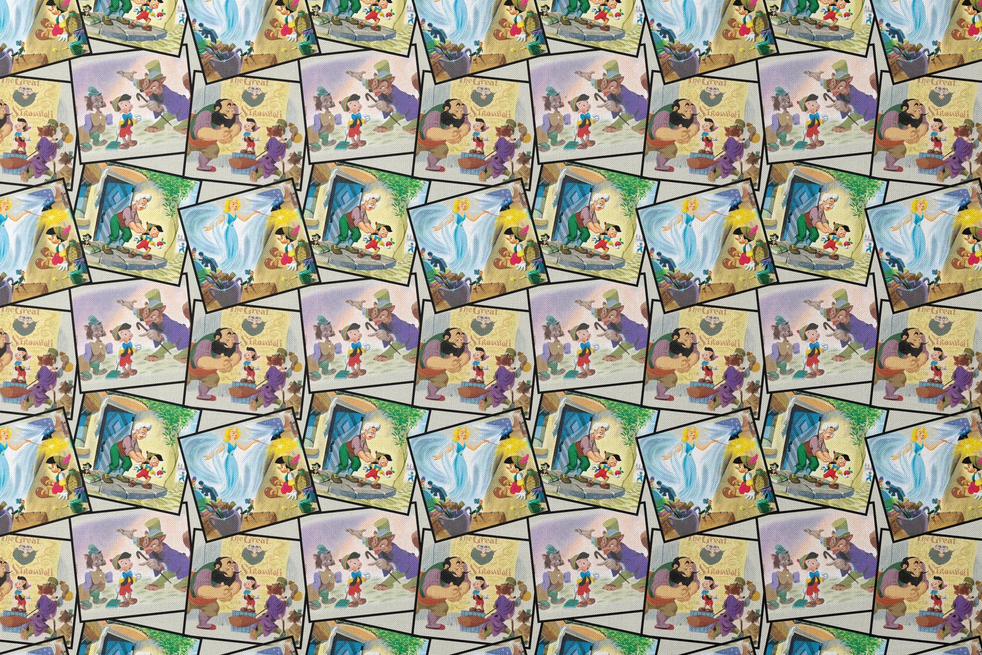 Colorful collage of Pinocchio scenes showing the wooden puppet, Geppetto, and other characters from the classic fairy tale. designs flat mockup