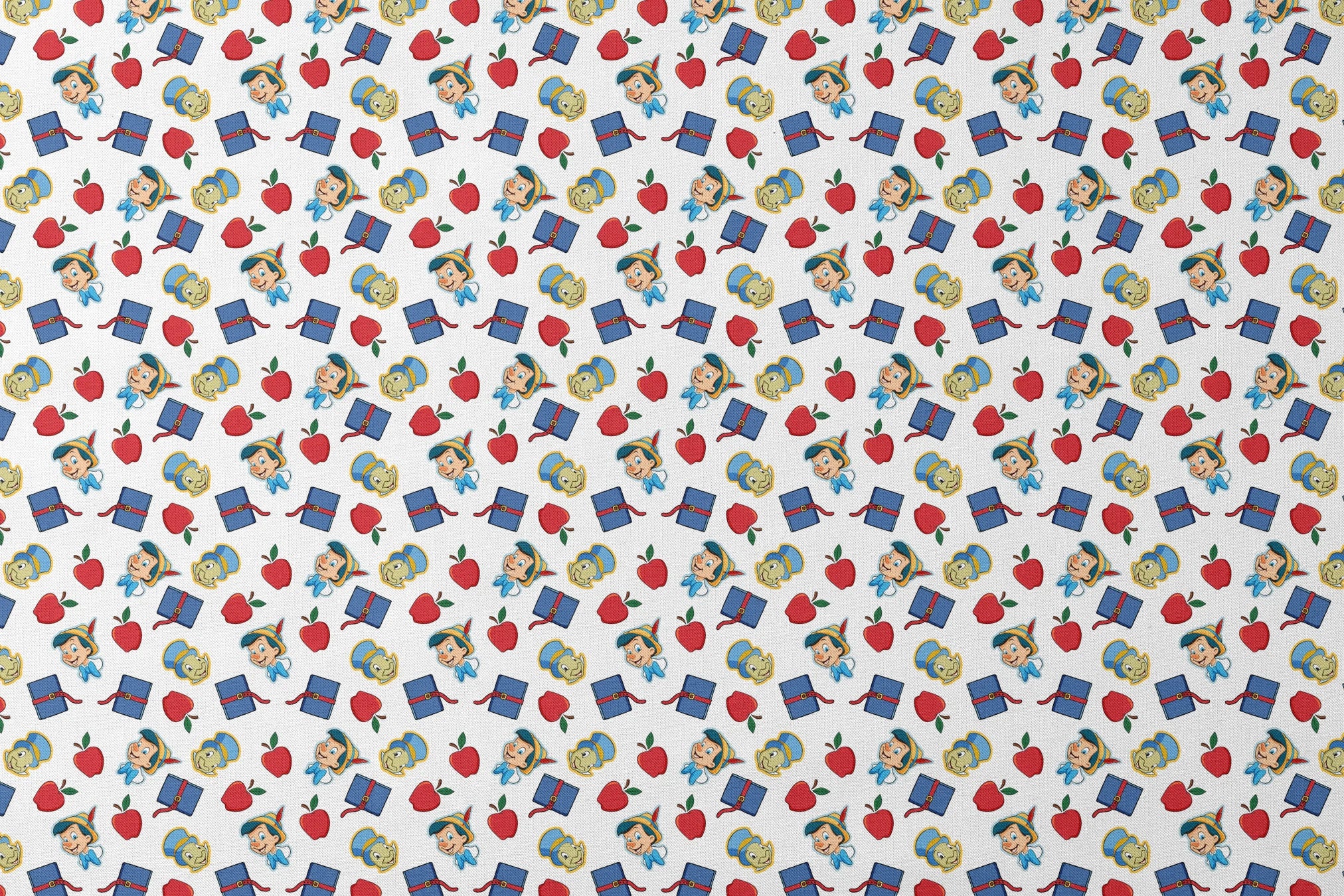 Pattern with cartoon character in pointed hat with blue bow, red apples, blue books with red straps, and yellow circular elements on white background designs flat mockup