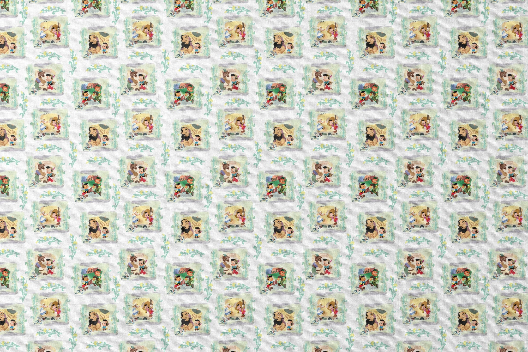 Cartoon pattern featuring Pinocchio characters in framed scenes with decorative greenery on white background designs flat mockup