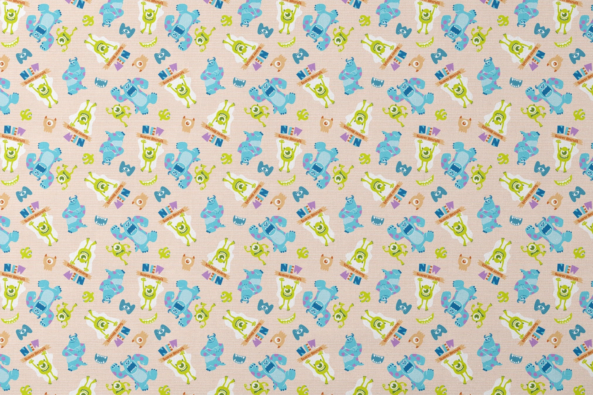 Colorful Monsters Inc pattern with Mike and Sully characters on peach background with scattered letters designs flat mockup