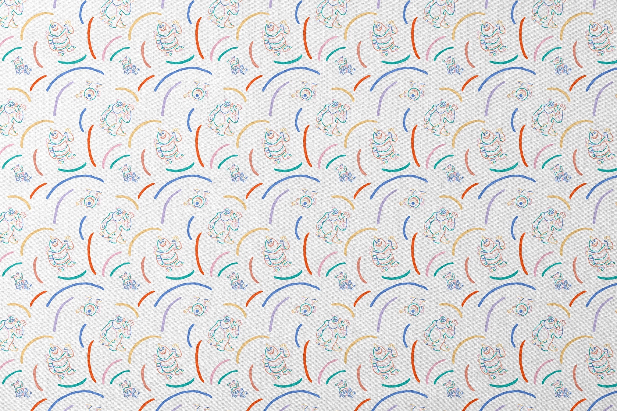 Colorful line drawing pattern with Monsters Inc characters  surrounded by curved arcs in rainbow colors designs flat mockup