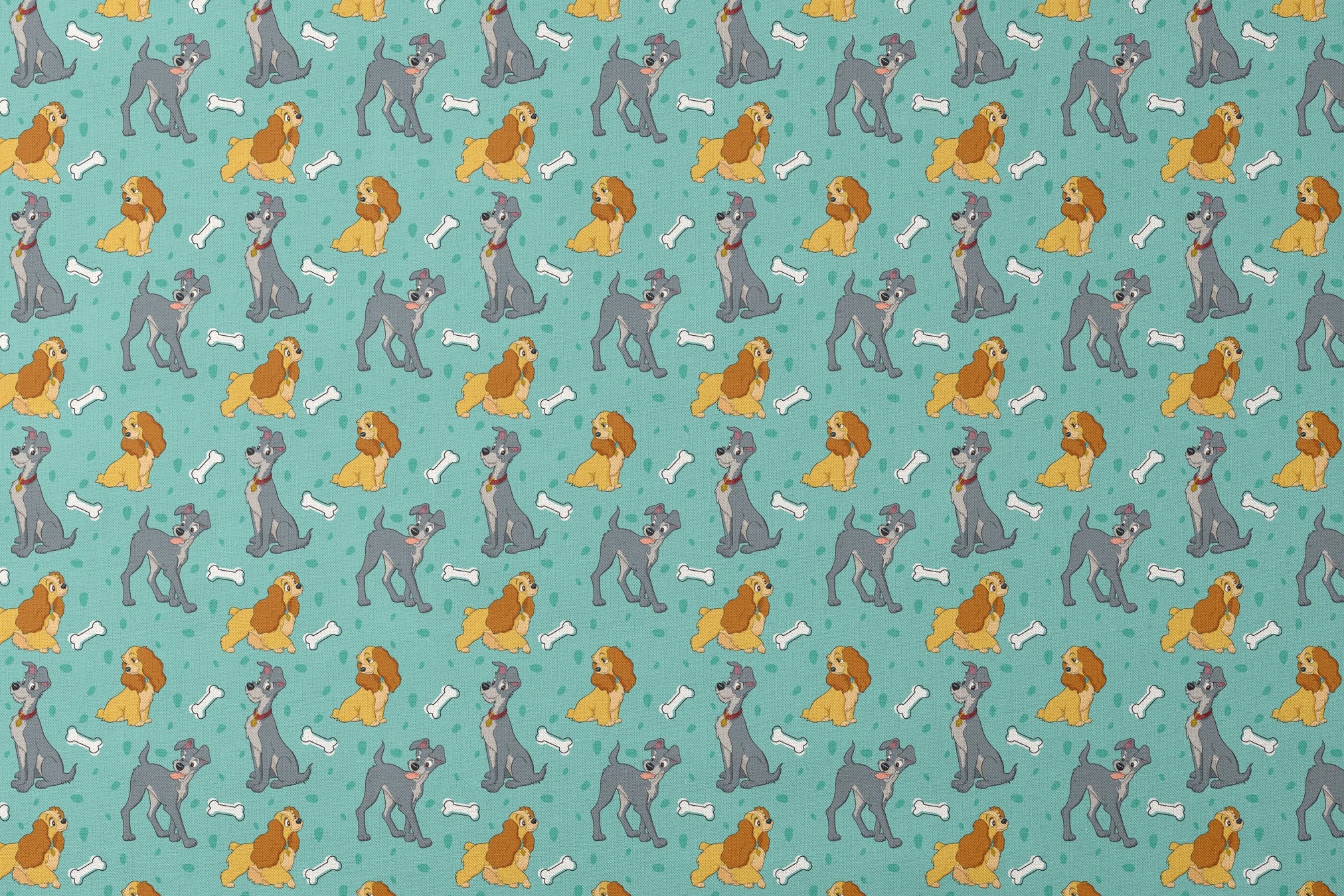 Cartoon pattern of gray dogs and golden cocker spaniels with white bones on turquoise background designs flat mockup