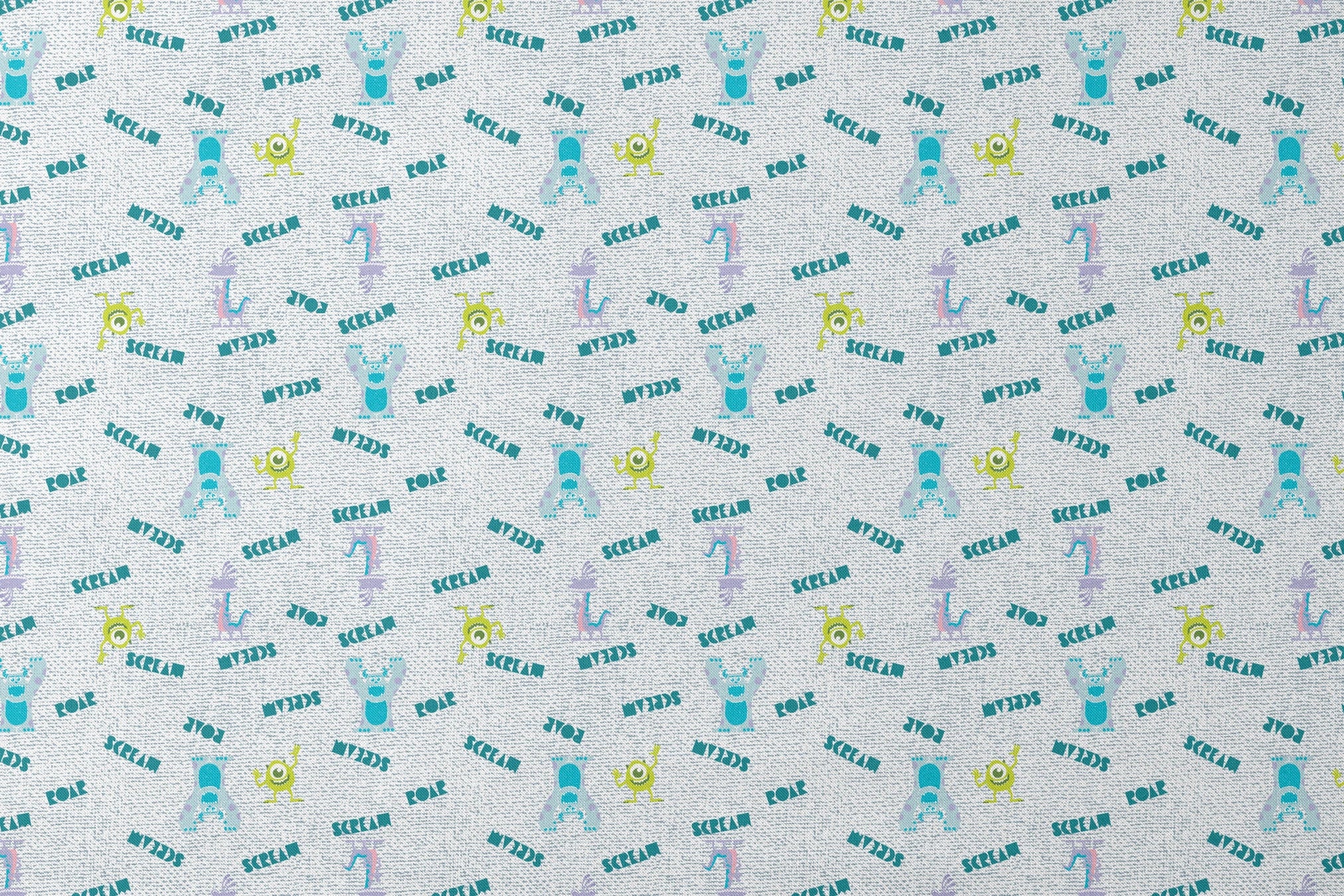 Monsters Inc pattern with teal "SCREAM" text, Mike Wazowski and Sulley on light textured background designs flat mockup