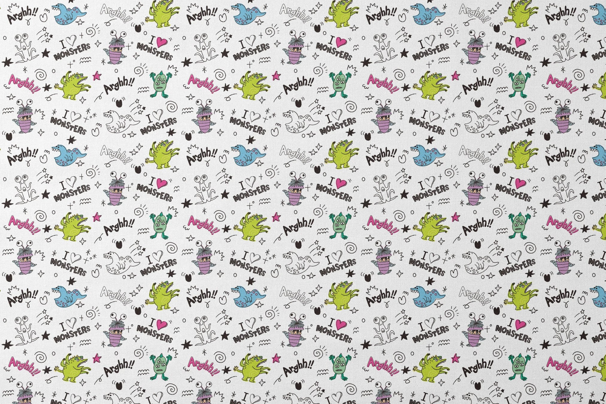 Colorful cartoon monster doodles with "I ♥ MONSTERS" and "Arghh!!" text in playful pattern style designs flat mockup