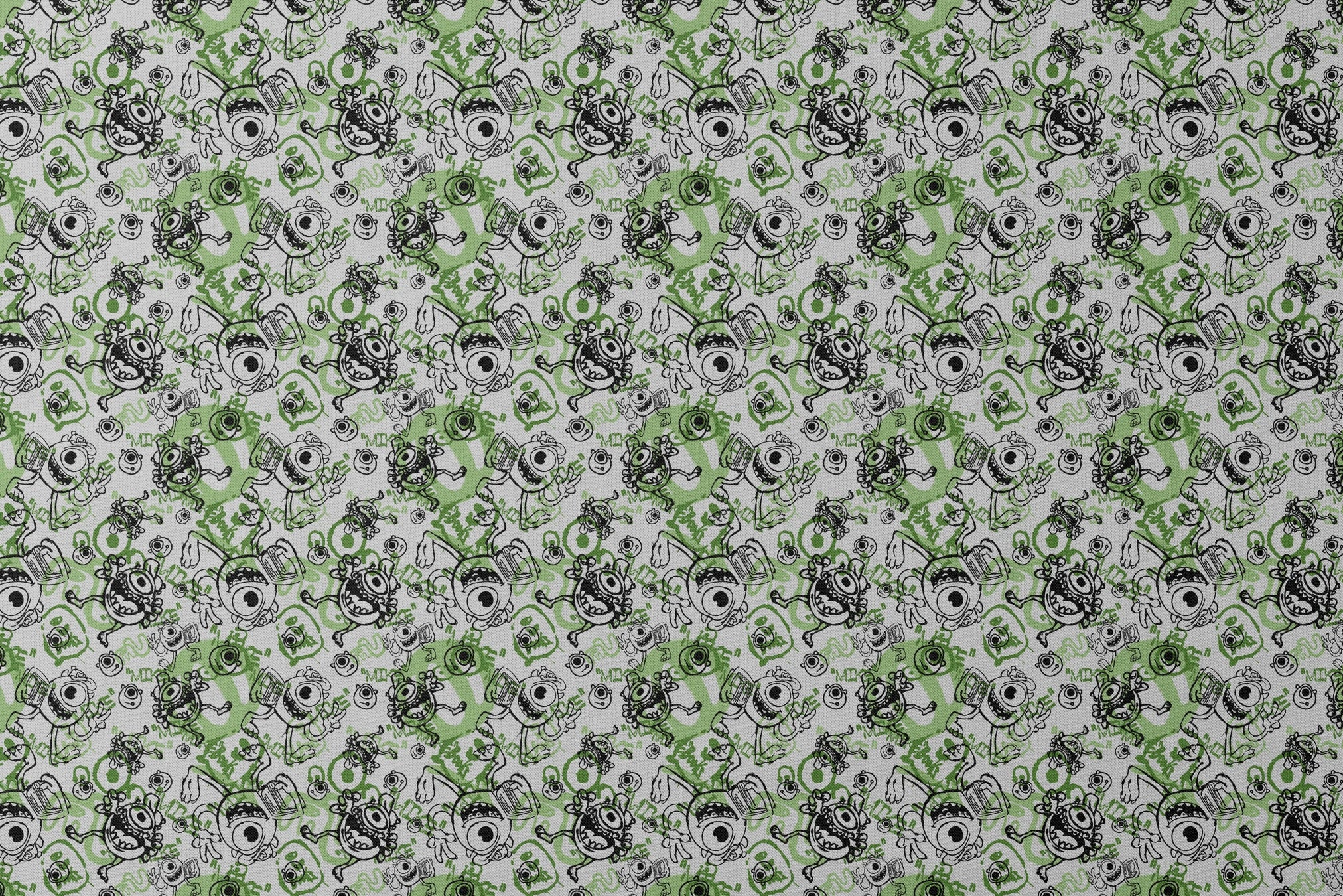 Cartoon monsters doodle pattern in black and green on white background with large eyes and silly expressions designs flat mockup