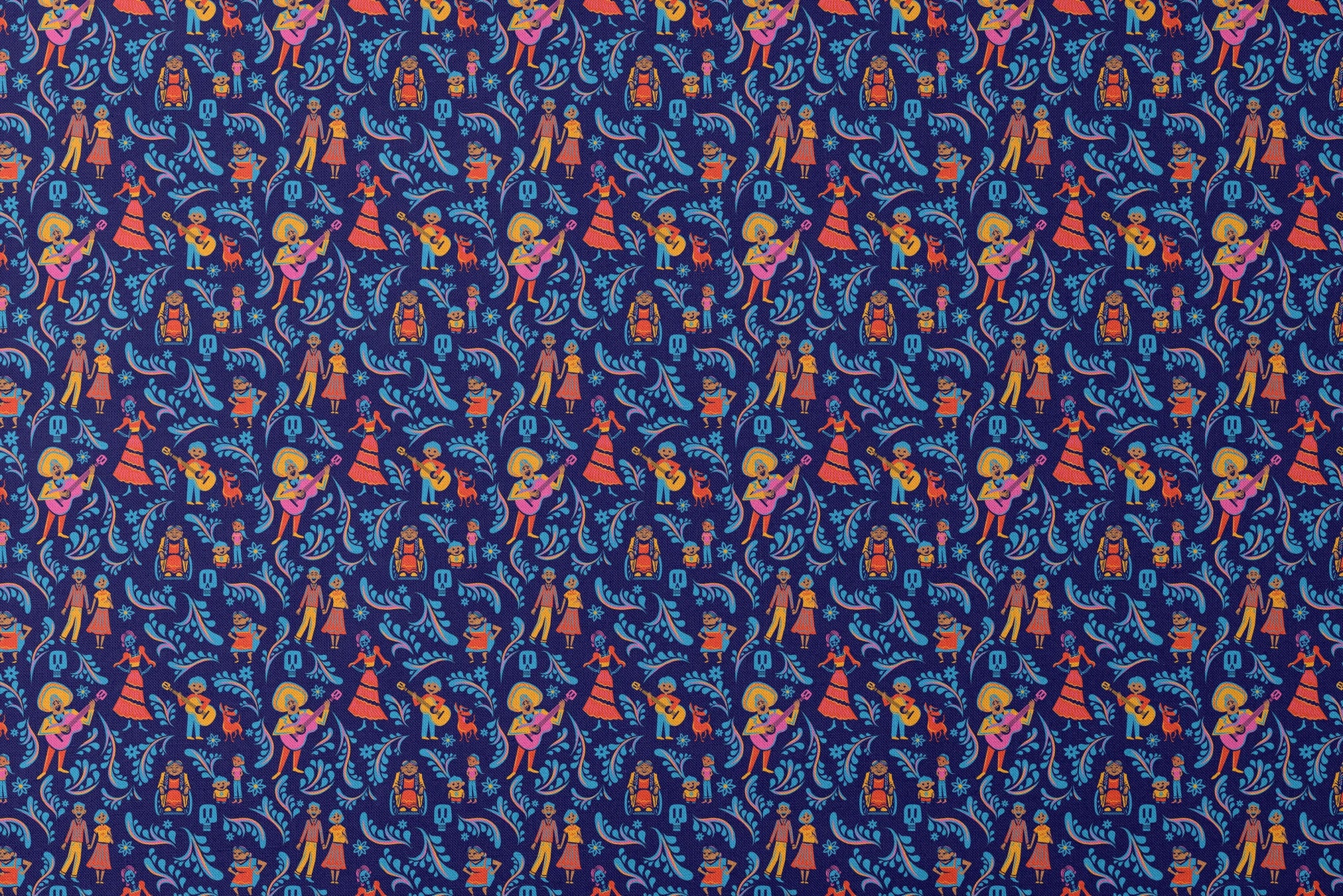 Colorful Coco folk art pattern with figures playing guitars, dancing, and blue skulls on dark background designs flat mockup