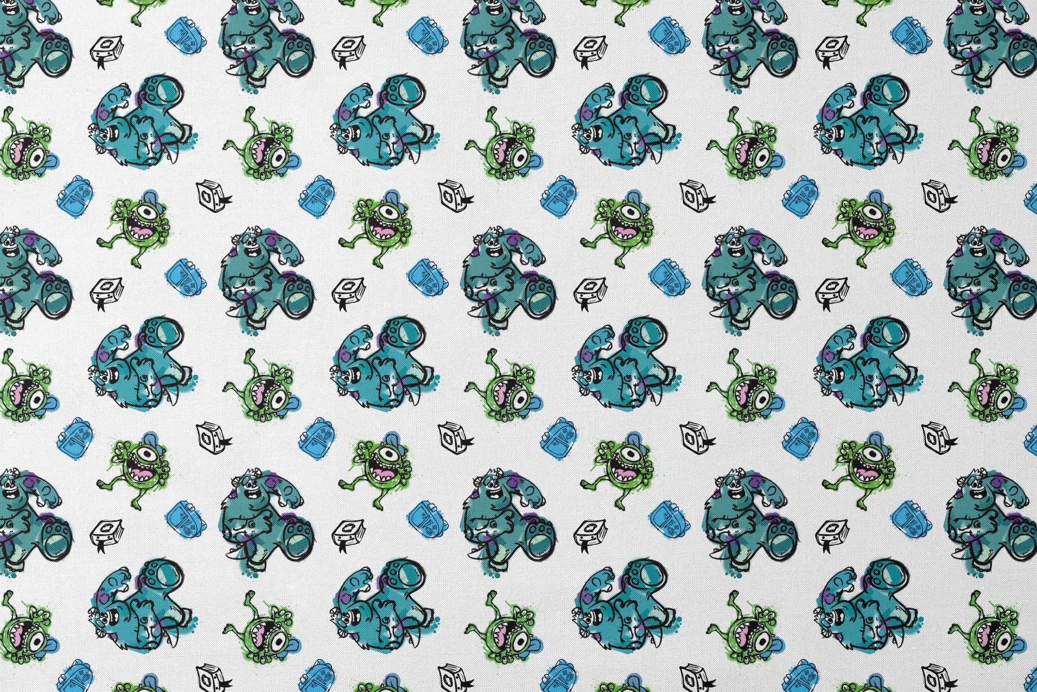 Colorful Monsters Inc pattern with turquoise, green creatures and small boxes on white background designs flat mockup