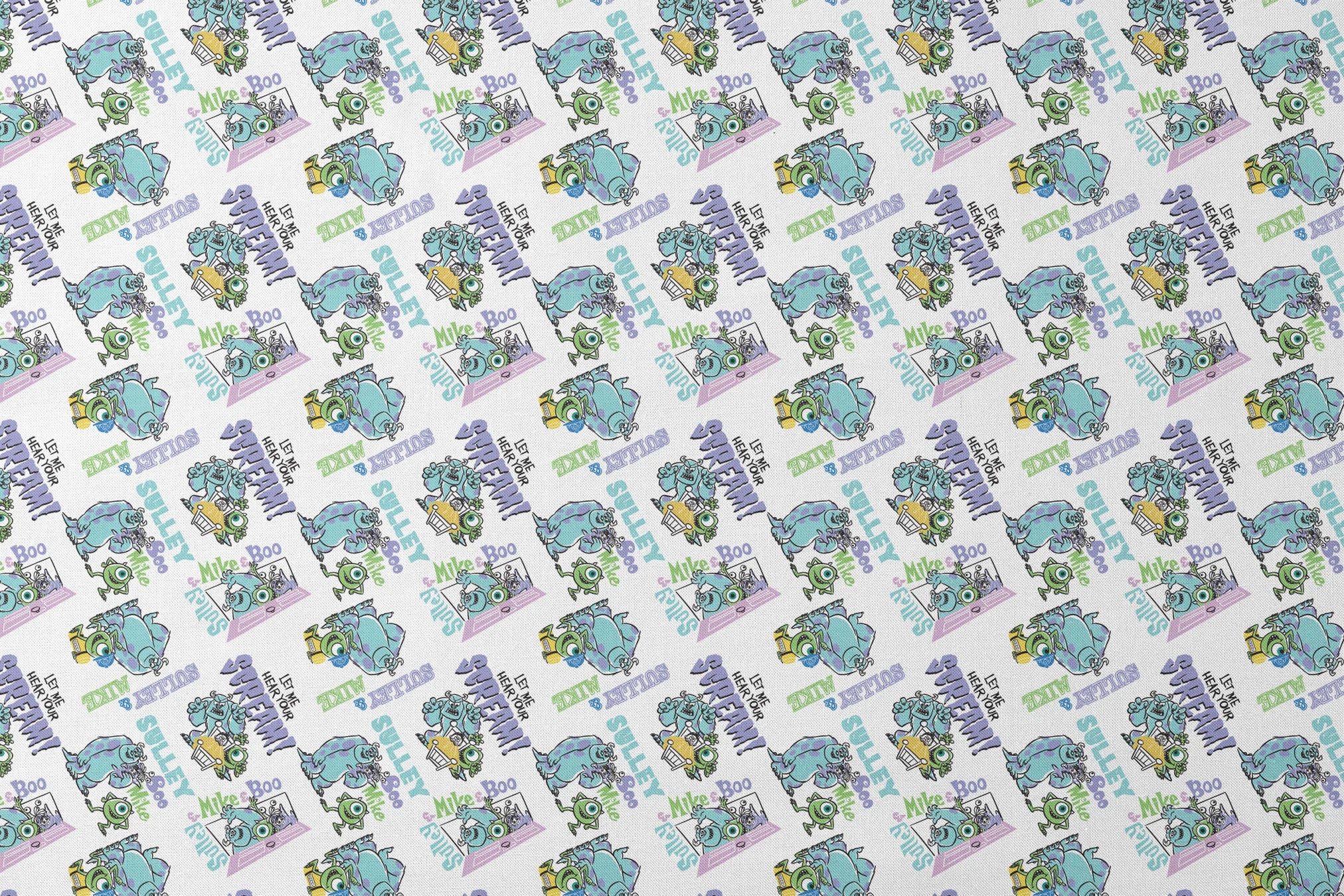 Monsters Inc pattern with Sulley and Mike characters in blue and green, with text like "Boo" and "Monsters" scattered throughout. designs flat mockup