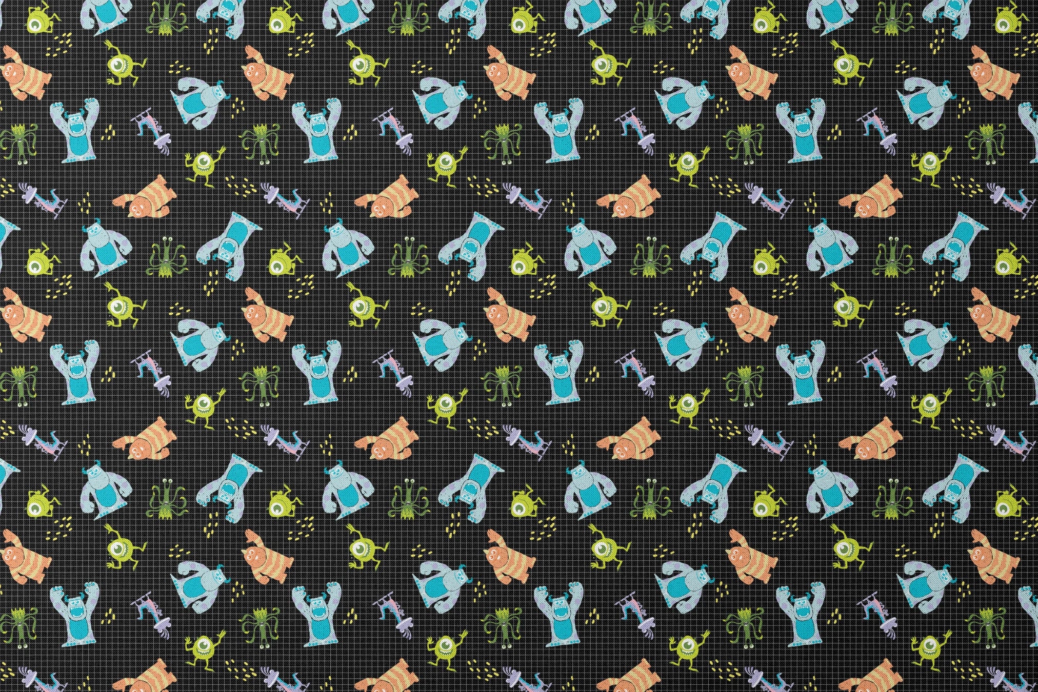 Monsters Inc pattern with Sulley, Mike, & friends on black grid background designs flat mockup