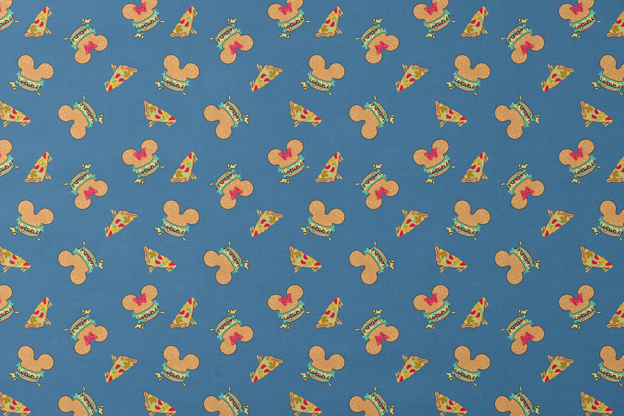 Pattern of Disney-inspired food items - hot dogs and pizza slices on blue background designs flat mockup